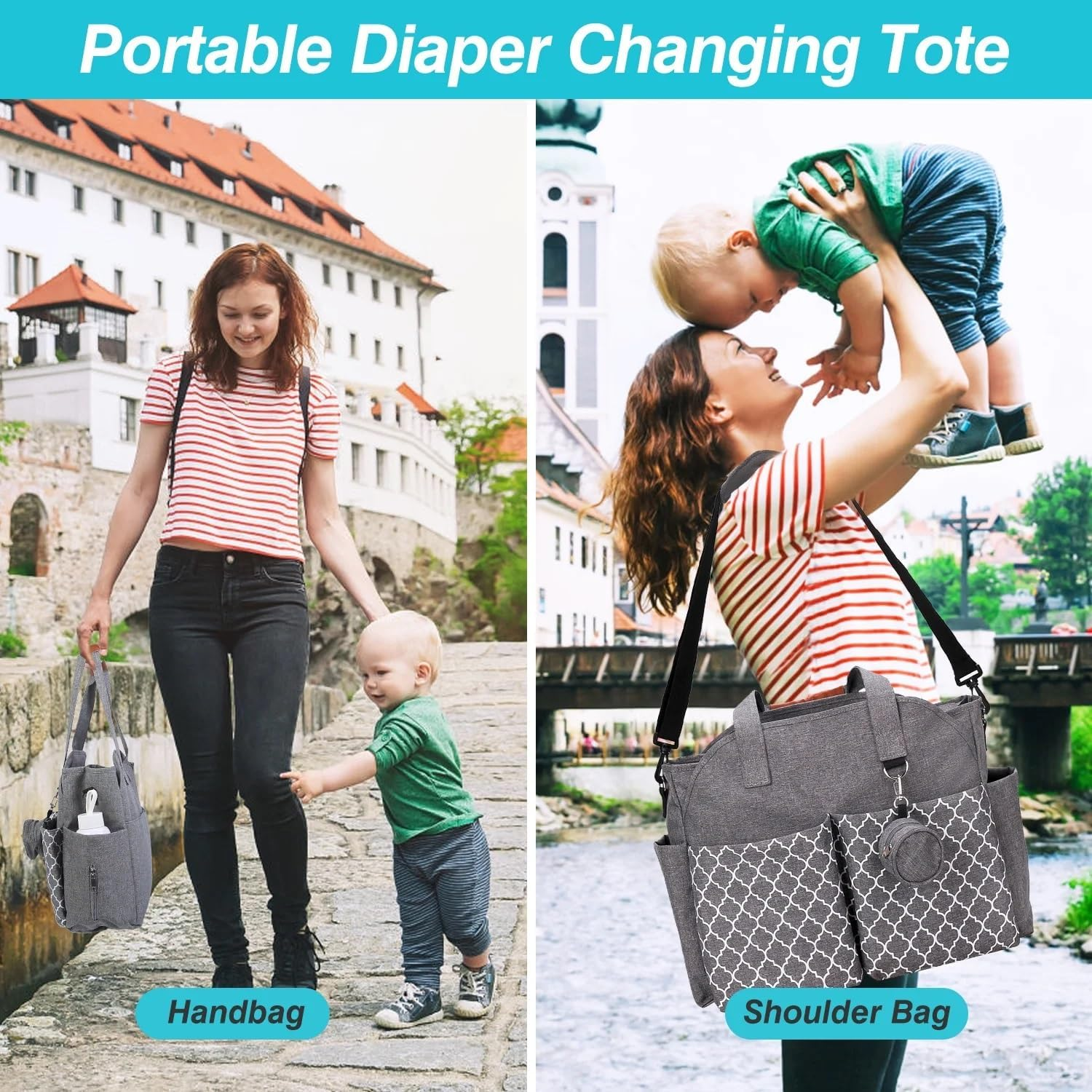 Diaper Bag Tote, Large Baby Changing Bag for Mom, Shoulder Mommy Bag with Pacifier Holder Case and Changing Pad, Baby Multi-Functional Travel Tote Diaper Bag with Adjustable Shoulder Strap, Grey