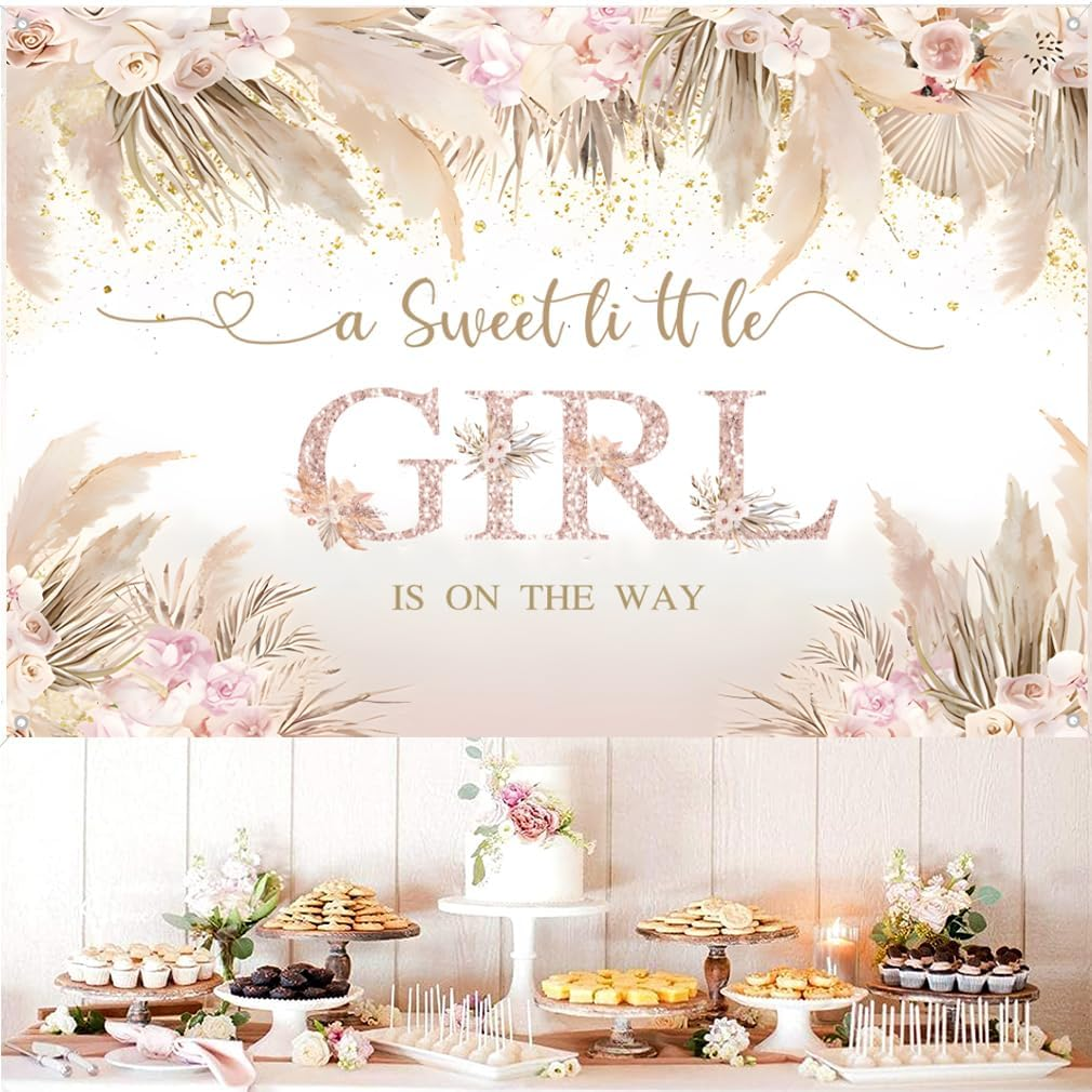 A Sweet Little Girl Is on the Way Baby Welcome Backdrop Pink Flowers Baby Shower Photography Background Flower Baby Girl Party Decorations Party Banner Fabric Sign Poster