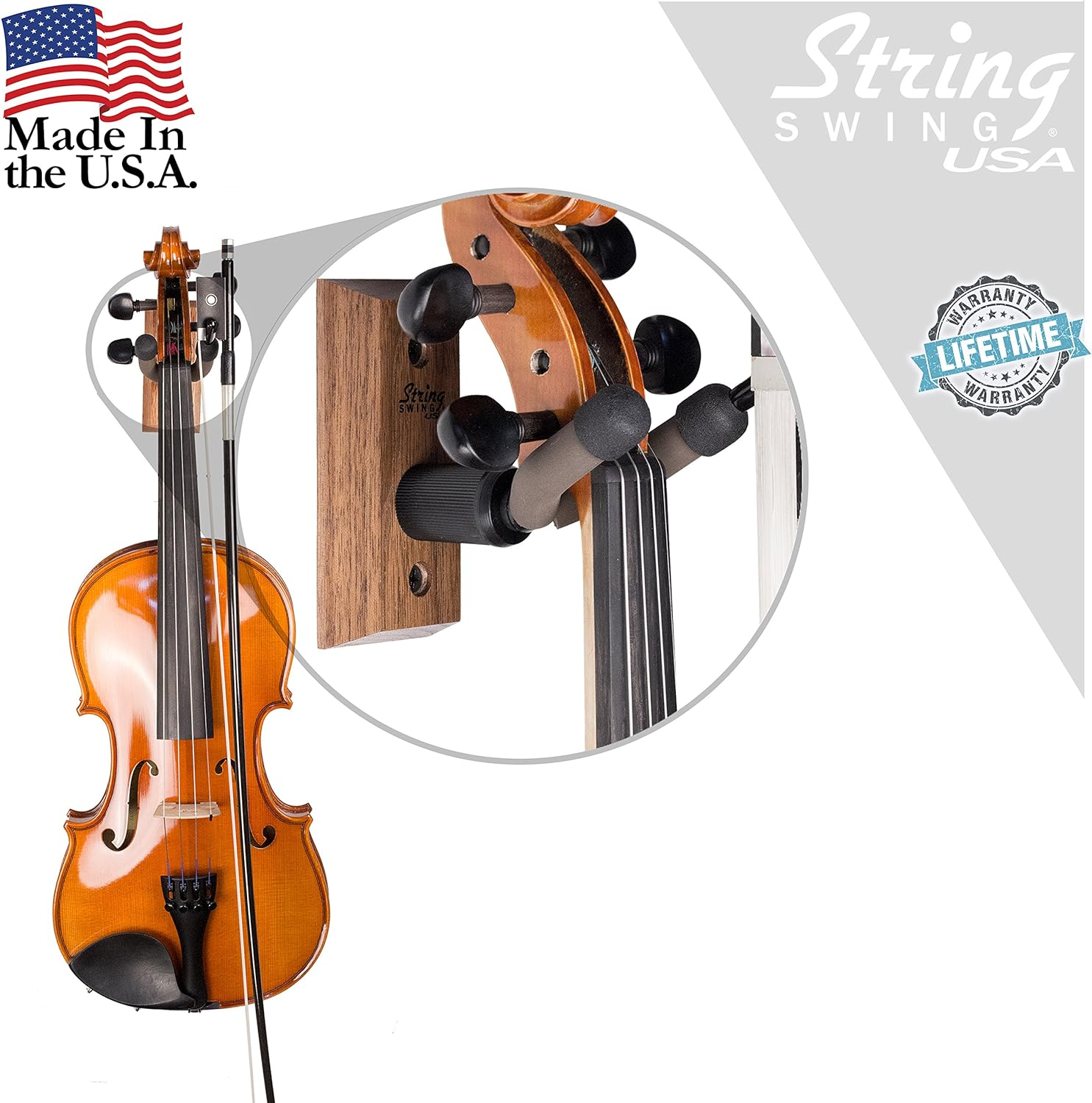 String Swing CC01V-BW Hardwood Home & Studio Wall Mount Violin Hanger - Black Walnut image number 3