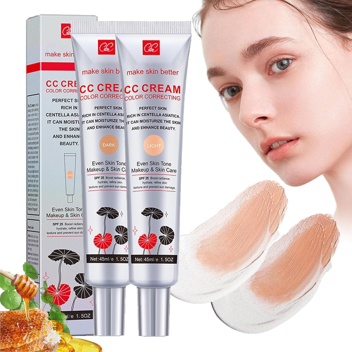 2Pc Korean Color Changing Cc Cream, Multi-Purpose Primer Moisturizing Long-Lasting Face Concealer, Centella Color Correcting CC Cream, Even Skin Tone (Light+Dark)