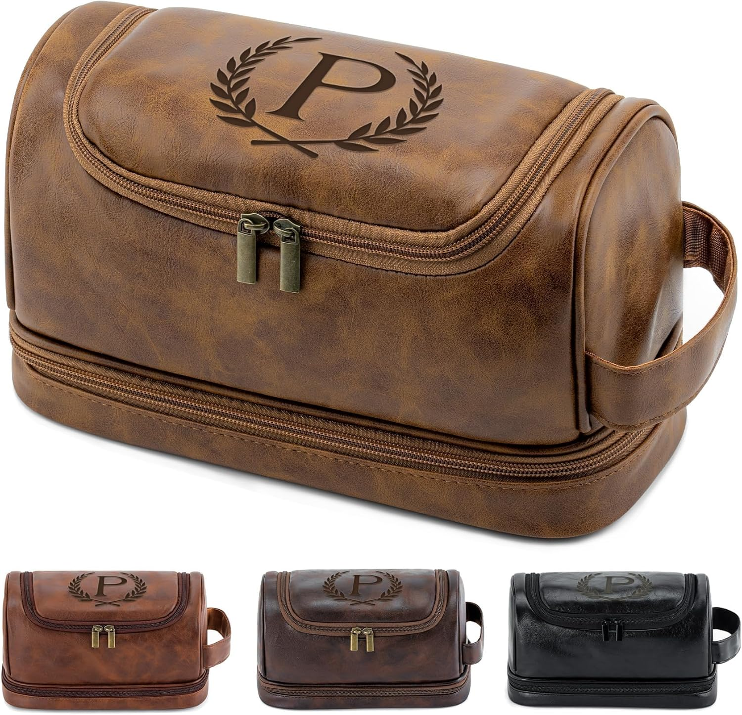 Aganmi Personalized Gifts Travel Toiletry Bag for Men Him, Laser-Engraved Initial PU Leather Waterproof Shaving Bag Christmas Birthday Gift for Men Dad Husband Boyfriend Groomsmen, Black M