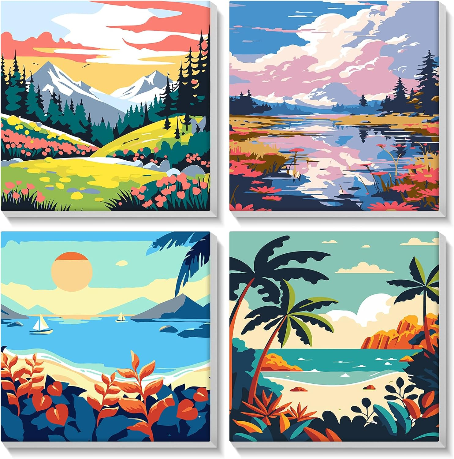 NAIMOER Framed Paint by Numbers, 4Pack Scenery Paint by Numbers Canvas for Kids Adults, Kids' Paint by Number Kits, DIY Acrylic Landscape Oil Painting with Wooden Easel (8X8Inch) image number 2