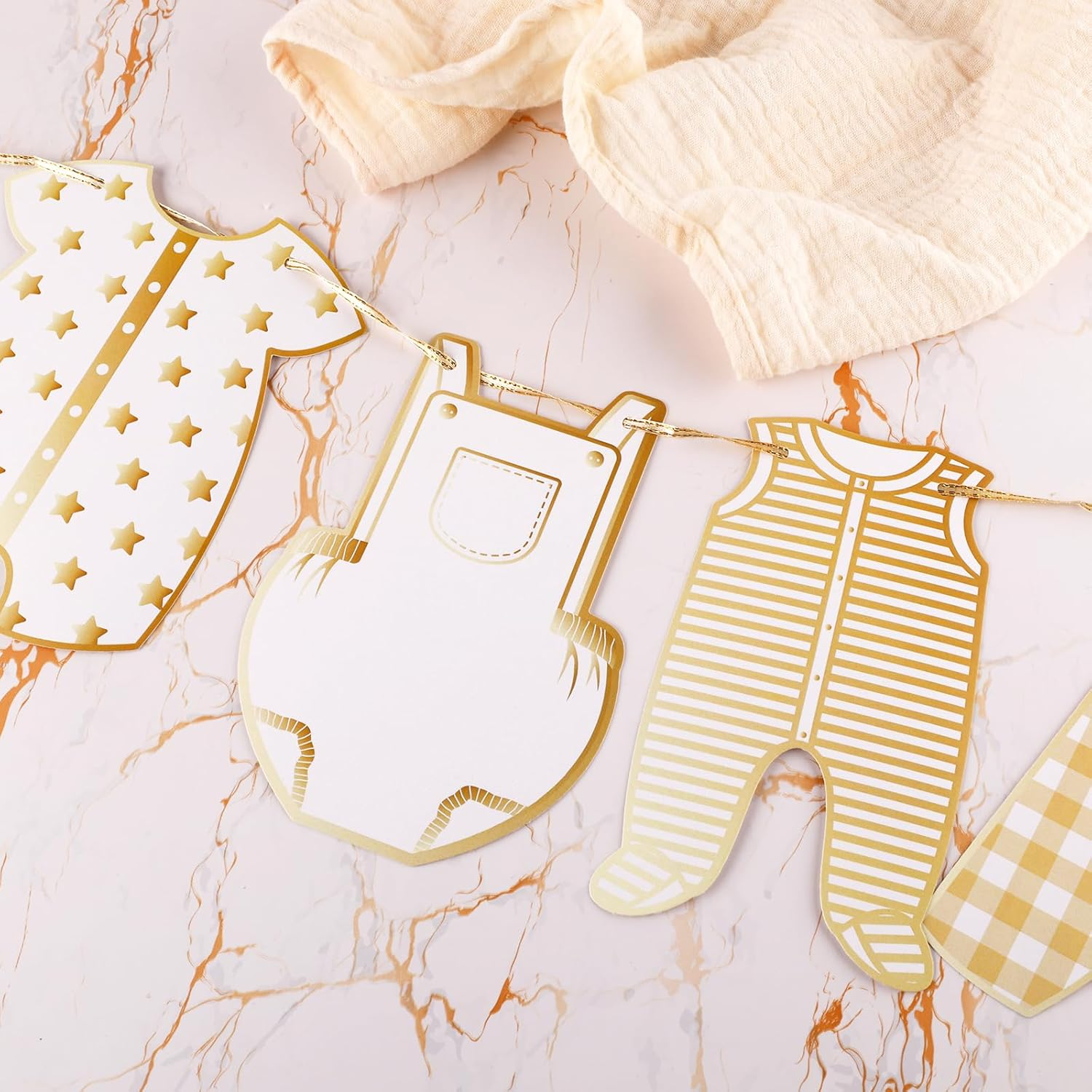 2Pcs Neutral Gold Baby Shower Paper Garland, Pre-Assembled Baby Boy Banner Baby Girl Sign Gender Reveal Decorations Various Baby Clothes Banner for Welcome Newborn Party Supplies Photo Props image number 1