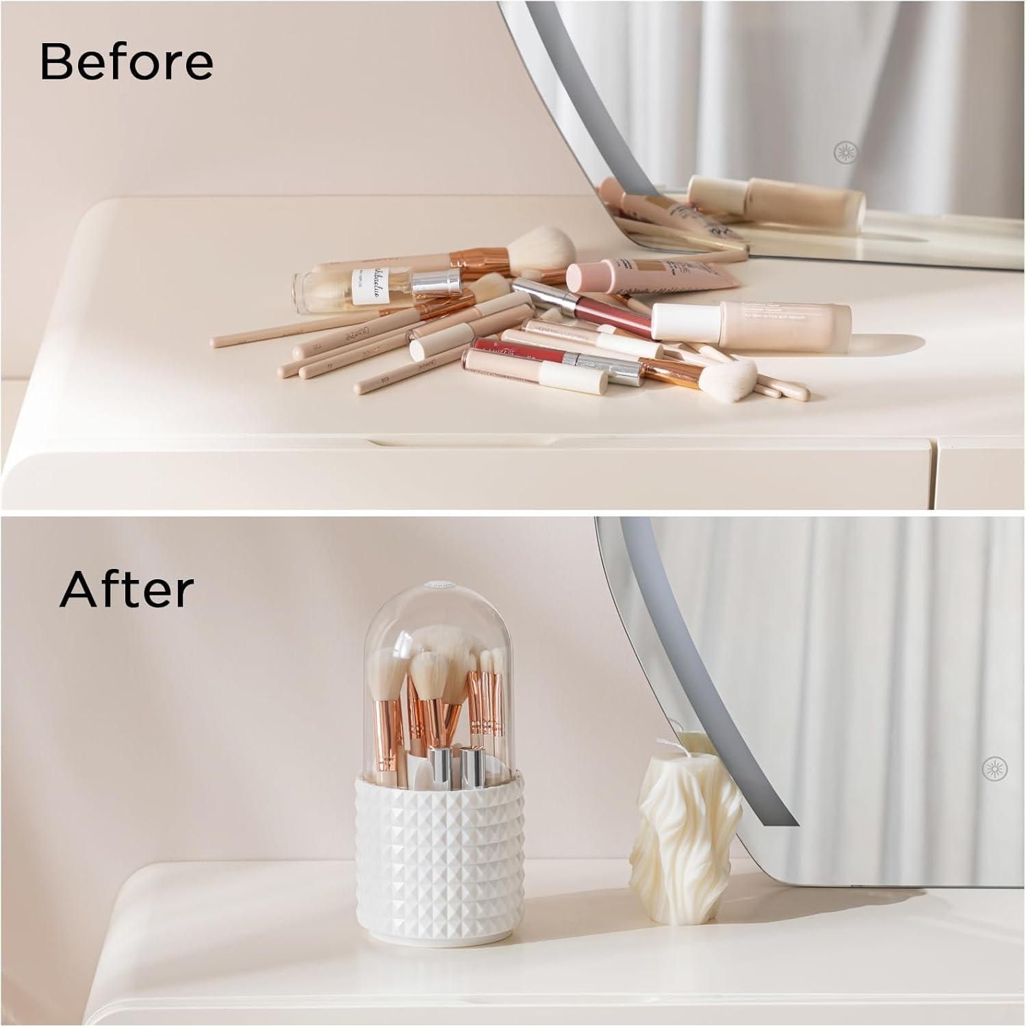 Makeup Brush Holder with Lid, 360 Rotating Makeup Brush Organizer with Cover, Cosmetic Organizer Dustproof, Makeup Brushes Container Spinning Brush Holder for Vanity (White-Lid) image number 1