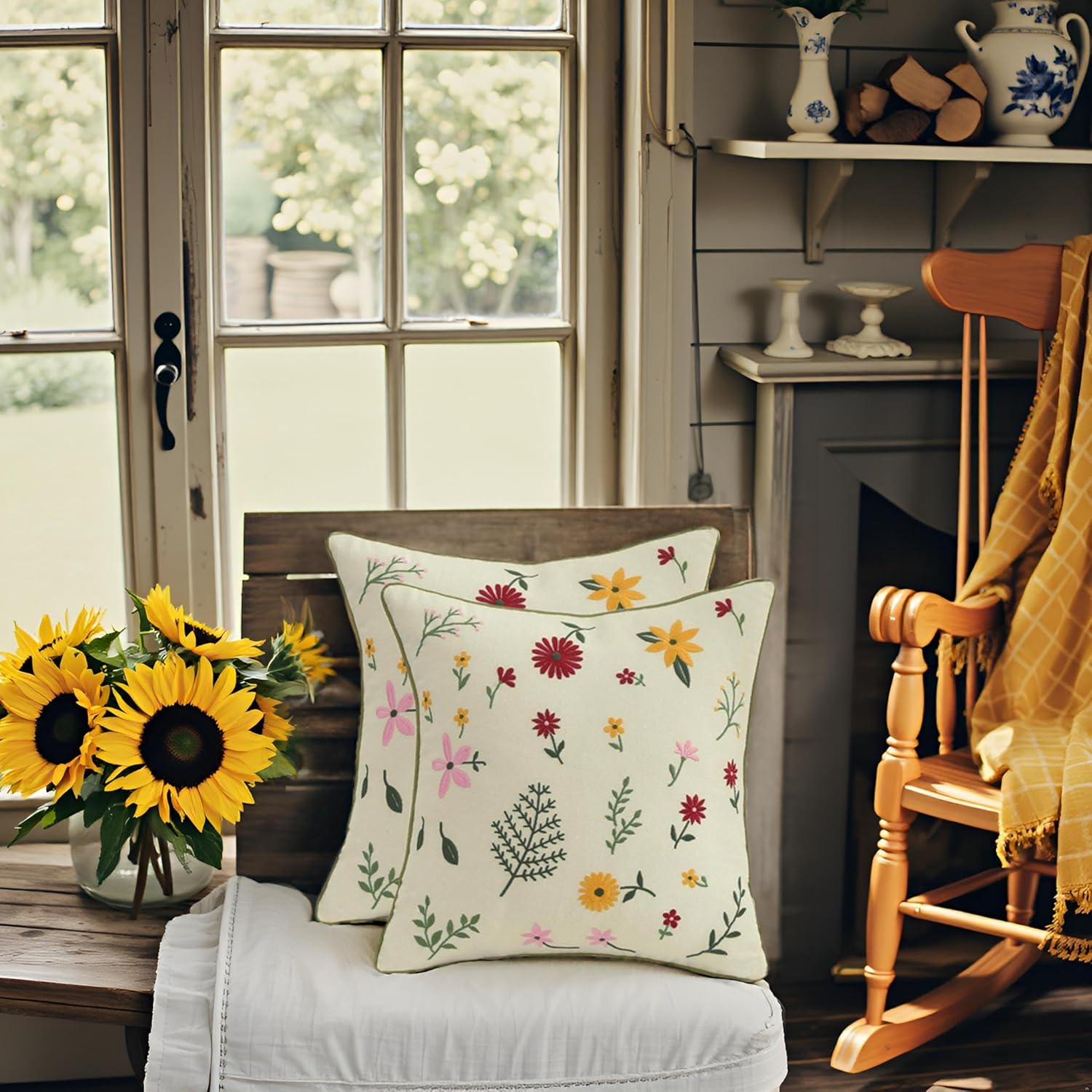 Tosleo Decorative Pillowcases 18 X 18 Inch Pack of 2 Embroidered Throw Pillow Covers Farmhouse Pillow Cushion Cases Home Decor Square Floral Pillow Case (All-Season Flower) image number 3