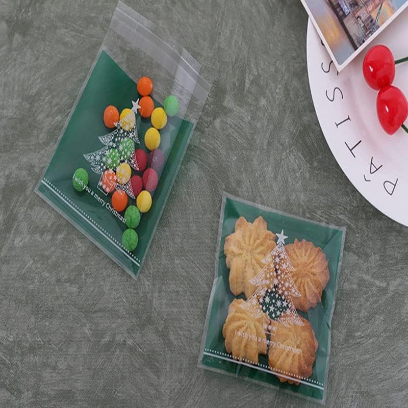 AIMALL 100PCS Christmas Cellophane Bag Party Favour Cookie Sweet Candy Biscuit Gift Bags - Food Grade, 10X10Cm + 3Cm