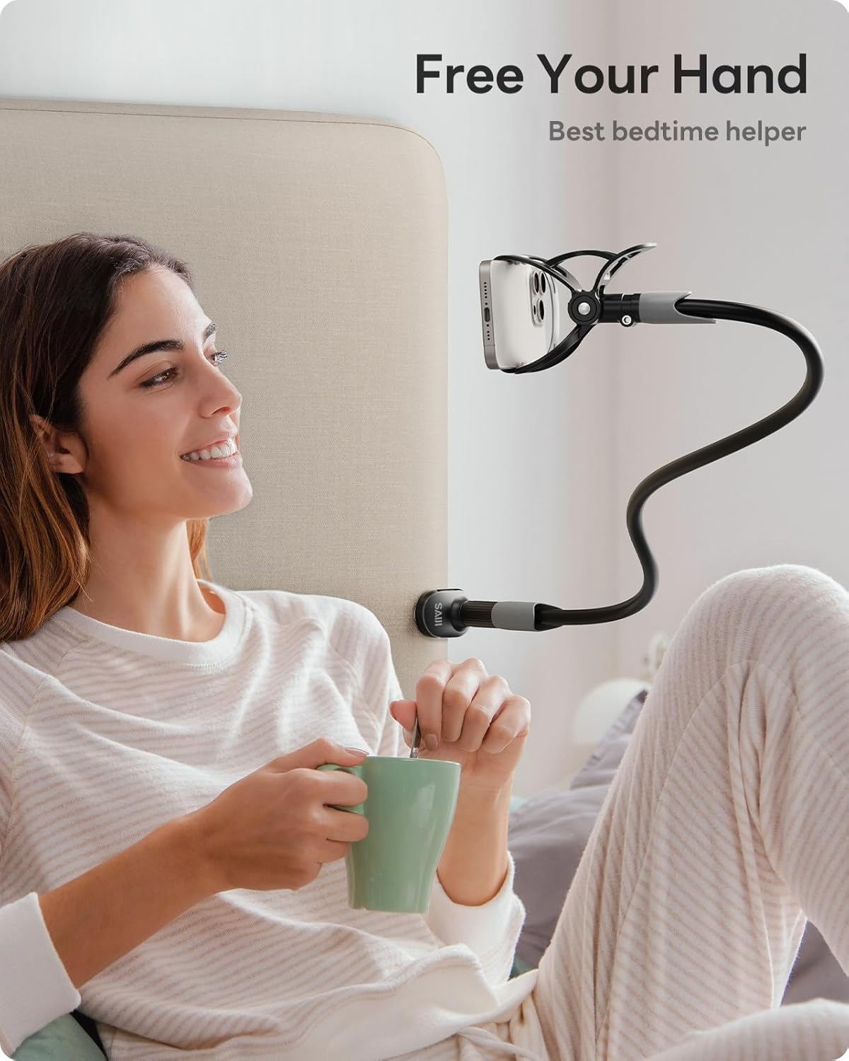 SAIJI Gooseneck Bed Phone Holder, Flexible Long Arm Phone Mount for Desk, Clip Bracket Clamp Stand, Iphone Stand, Mobile Cell Phone Stand Document Camera Nintendo Switch (Black) - Black image number 3