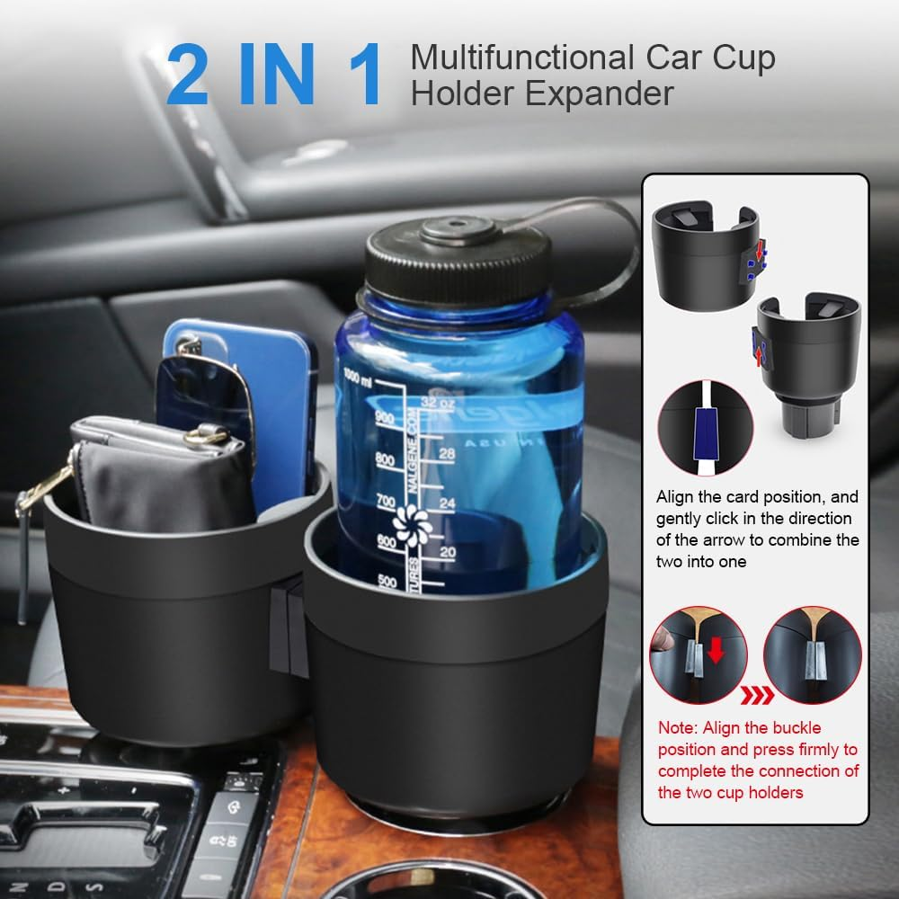 JINKEY Dual Cup Holder Expander for Car, 2 in 1 Multifunctional Large Car Cup Holder Expander Adapter with Adjustable Base, All Purpose Car Cup Holder for Bottles Cups Drinks Snack Organizer image number 2