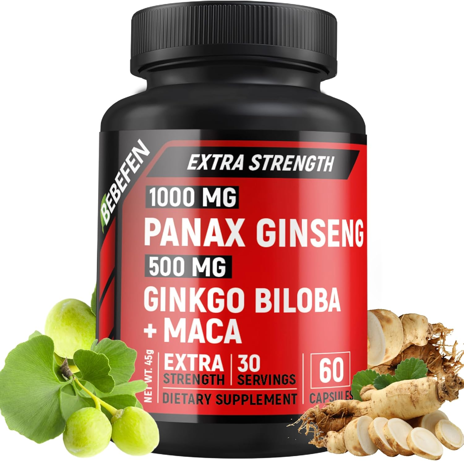Panax Ginseng & Ginkgo Biloba Supplement - Red Korean Ginseng, Ginkgo Biloba Capsules, and Maca for Men & Women - Vegan Pills - 60 Count image number 3