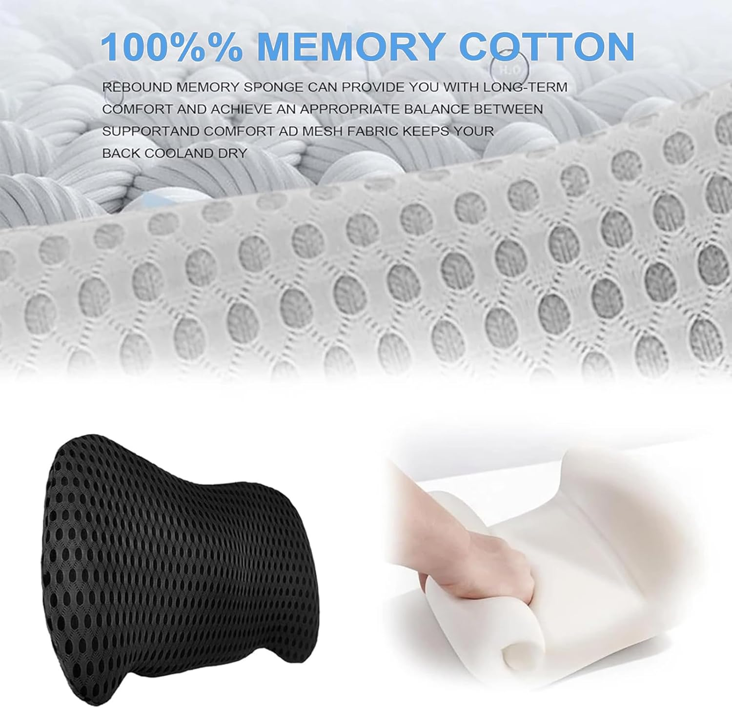 Lumbar Support Pillow - Memory Foam Back Cushion for Lower Back Pain Relief, Ergonomic for Office Chair, Car Seat, Bed - Lower Back Pain Relief for Drivers and Office Workers (Black)