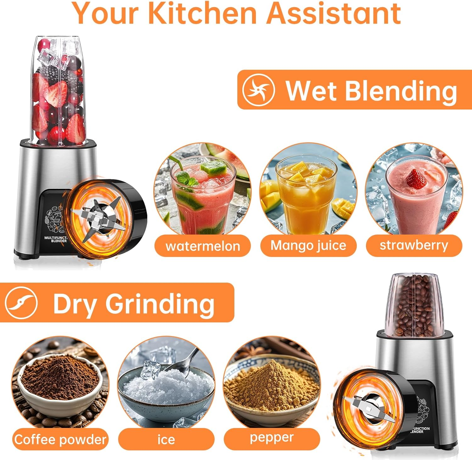 Smoothie Blender, 850W Personal Blender for Shakes and Smoothies, Blenders for Kitchen, Smoothie Juice Mixer with 2X 650Ml Travel Cups & 300Ml Grinding Cup,Smoothie Maker with Bpa-Free (Silver) image number 4