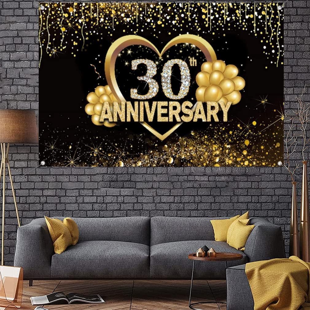 Happy 30Th Anniversary Decoration Banner, 30Th Wedding Anniversary Party Supplies Fabric Sign Poster, Black and Gold Backdrop Decor Photo Background Welcome Sign, 150 Cm X 90 Cm image number 2