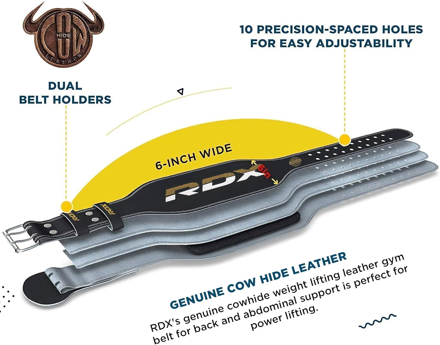 RDX Weight Lifting Belt for Fitness Gym Adjustable Leather Belt 6" Padded Lumbar Back Support Great for Bodybuilding, Powerlifting, Deadlifts Men Workout, Squats Exercise (Large Size) image number 2