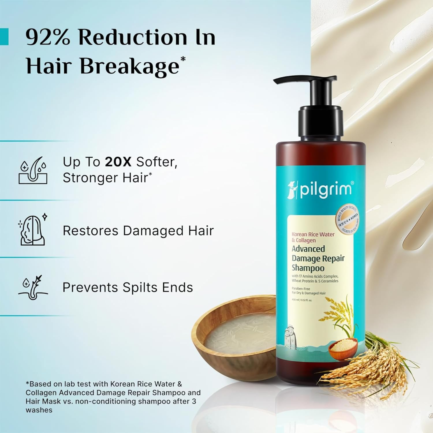 Pilgrim Korean Rice Water & Collagen Advanced Damage Repair Shampoo - 400Ml | with 17 Amino Acids, Wheat Protein & 5 Ceramides | Paraben-Free | for Dry & Damaged Hair | for Women and Men image number 6