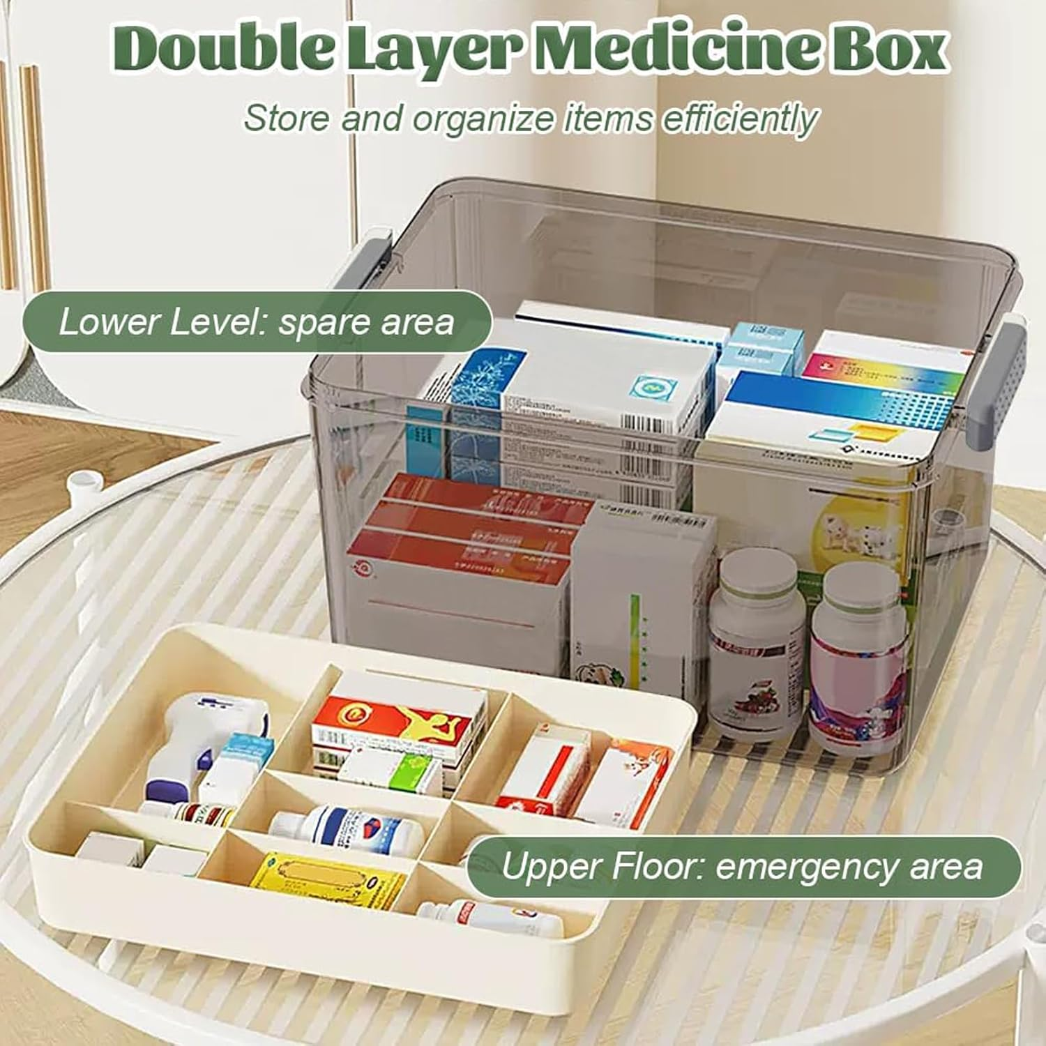 Aping Medicine Storage Box Double Layer Medicine Box Home Medicine Box Plastic Pharmacy Organiser Plastic Storage Box Medicine First Aid Box with Handles 28 X 18.5 X 15.5 Cm Medicine Case for Home image number 2