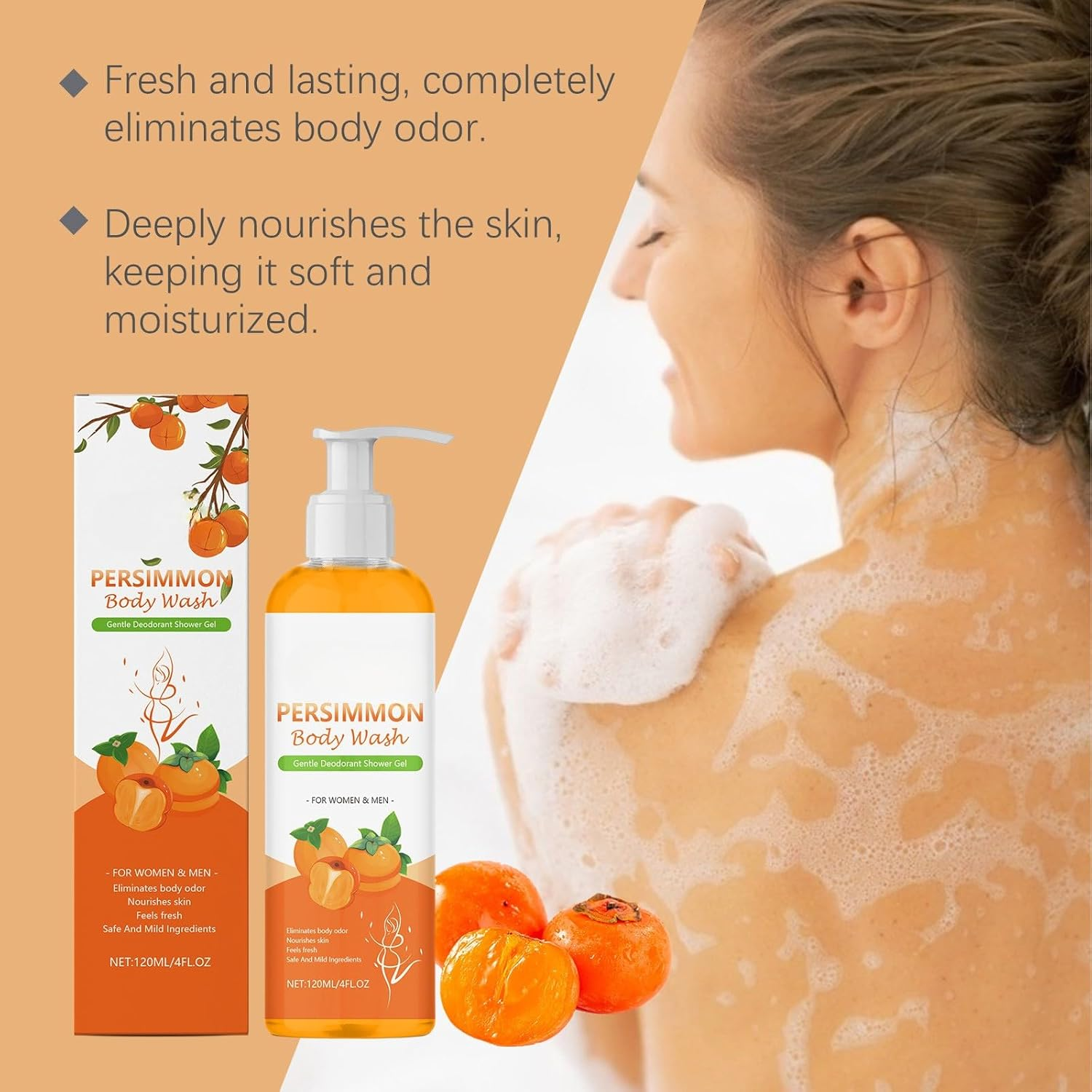 Persimmon Body Soap Wash &ndash; Natural Japanese Persimmon Extract, Deodorising Body Cleanser for Body Odour, Gentle and Moisturising Formula for Sensitive Skin, Men and Women (4Pc) image number 3