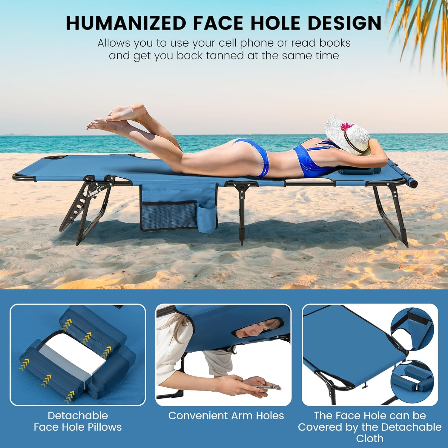 Costway Folding Convertible Camping Lounger W/Face Hole & Pillows & Storage Pocket, 5-Position Adjustable Backrest, Portable Camping Cot Bed Recliner for Beach, Camping, Patio (Blue) image number 5