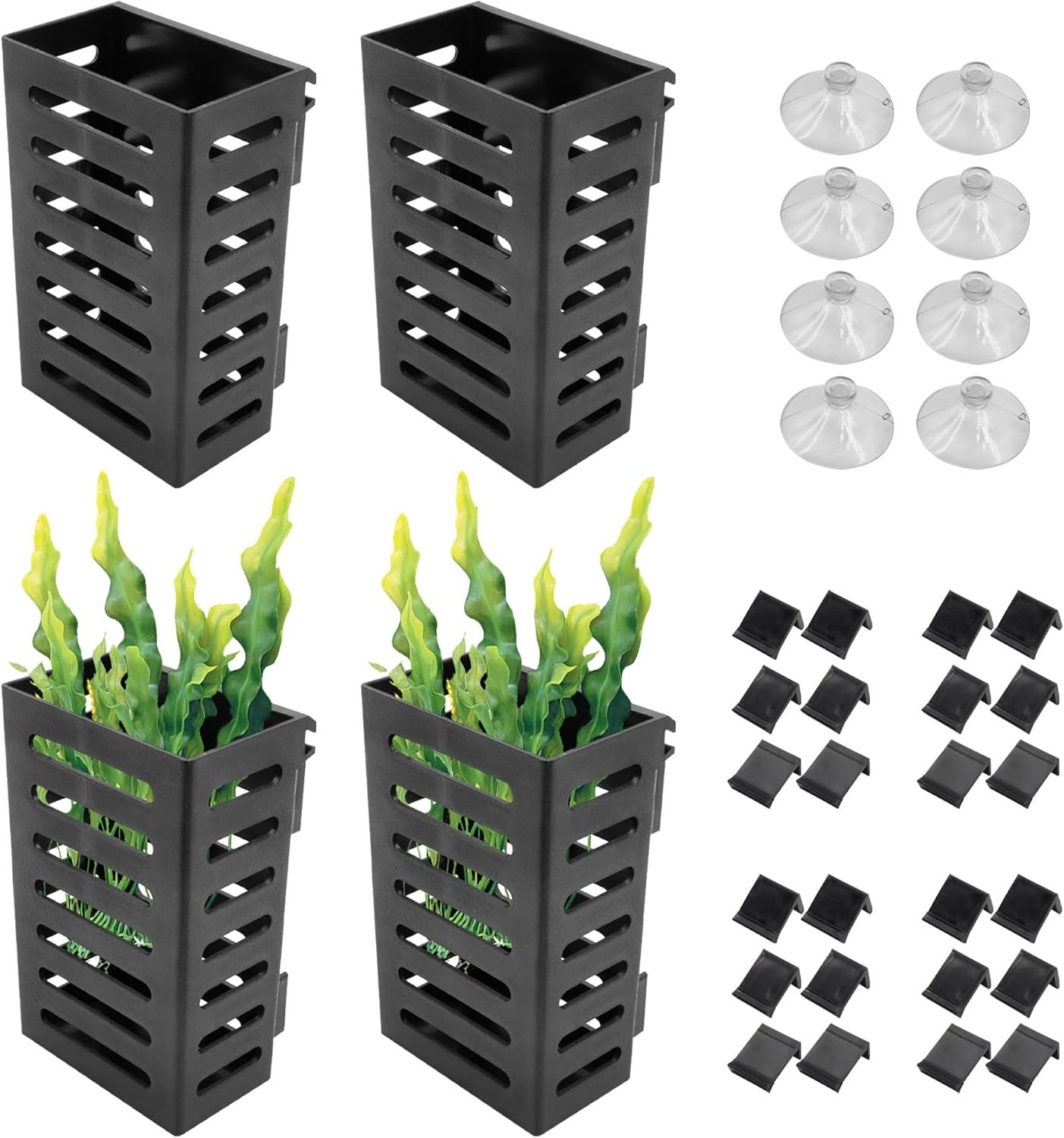 4 PCS Aquarium Plant Holder with 24 Hooks and 8 Suction Cups, Hanging Plant Holder for Fish Tank, Aquatic Plant Pots for Aquarium Decorations Plants, Hanging Aquatic Planter Cups (Black)