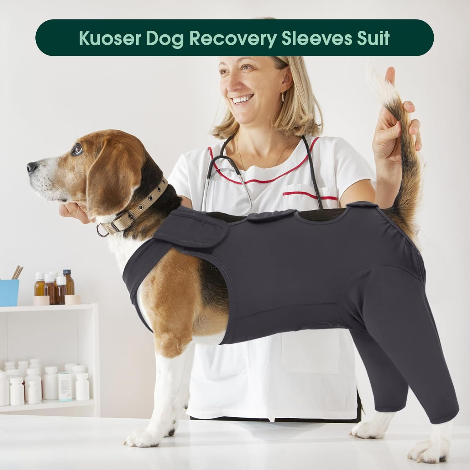 Kuoser Dog Bodysuit after Op, Recovery Suit for Castration Male , Thigh Protection Bodysuit, Anti-Wound Licking, Cervical Collar Alternative, Grey M image number 3