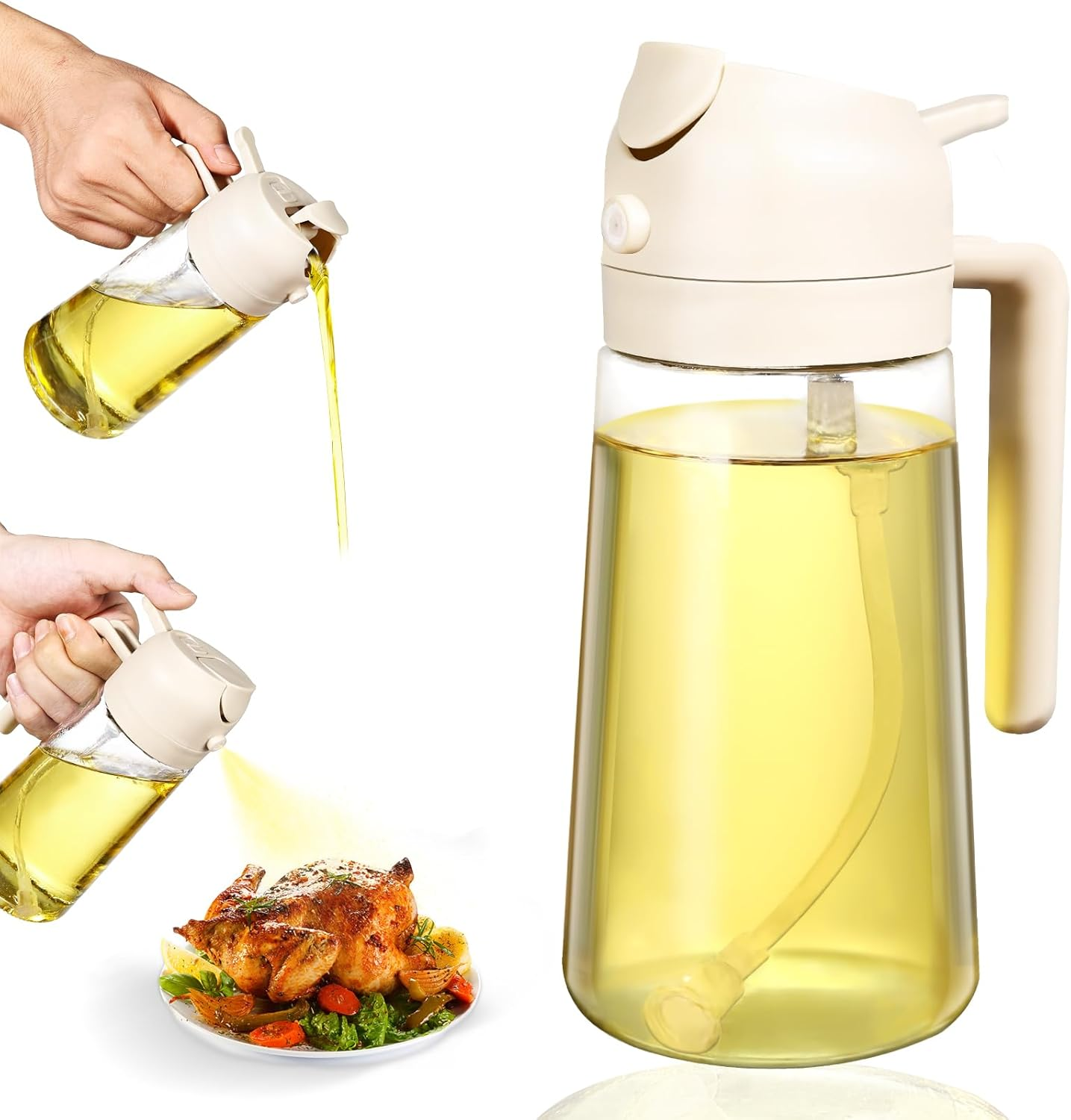Lychico Oil Dispenser Bottle 470Ml/16Oz, 2 in 1 Oil Dispenser and Oil Sprayer, Food Grade Spray Bottle for Kitchen Cooking, Oil Dispenser for BBQ, Salad, Baking Steak, Air Fryer, Black