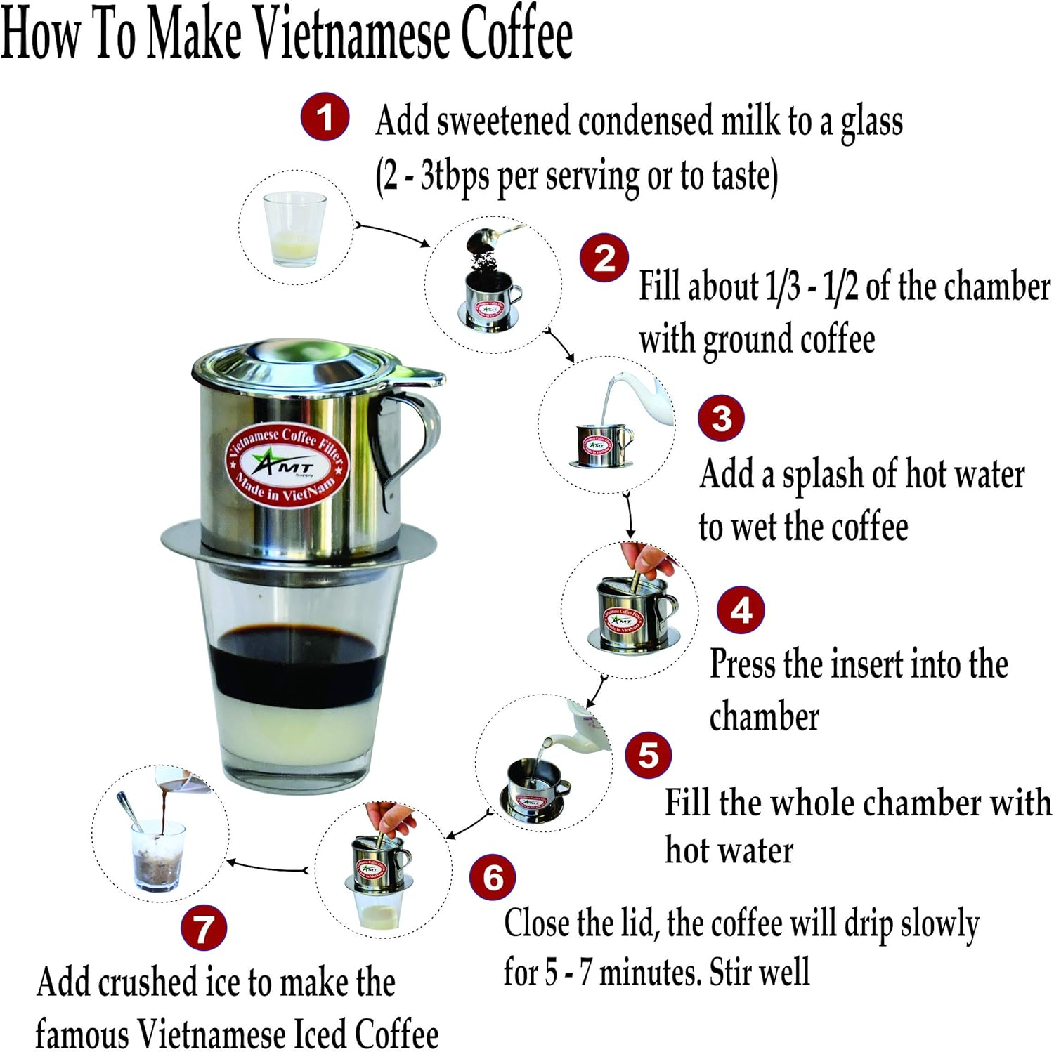 AMT 9.5 Oz Coffee Maker, Phin Filter, Screw down Coffee Dripper for Vietnamese Style Coffee at Home or Office image number 3