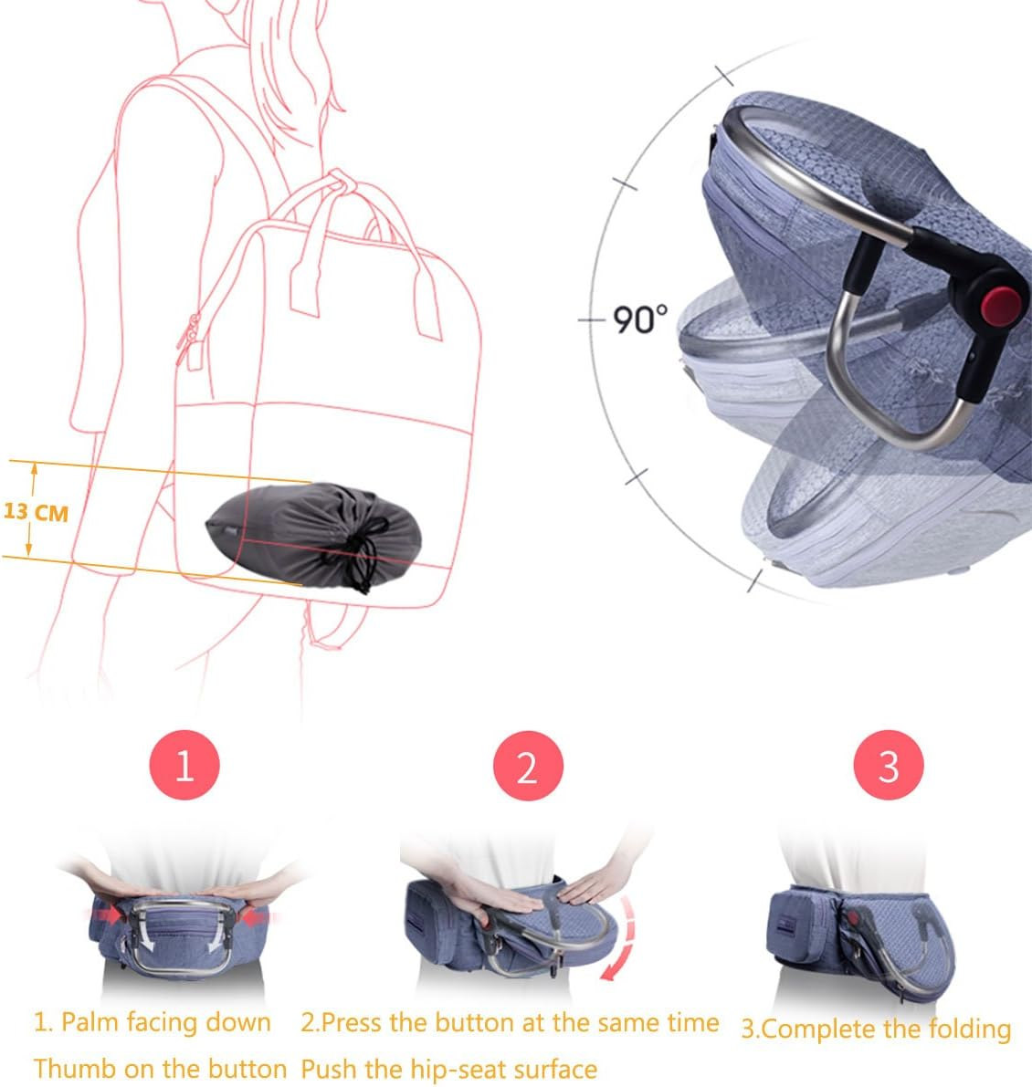 Bebamour Foldable Baby Hip Seat Carrier Ergonomic Toddler Waist Seat for 0-36 Months (Light Grey) image number 2