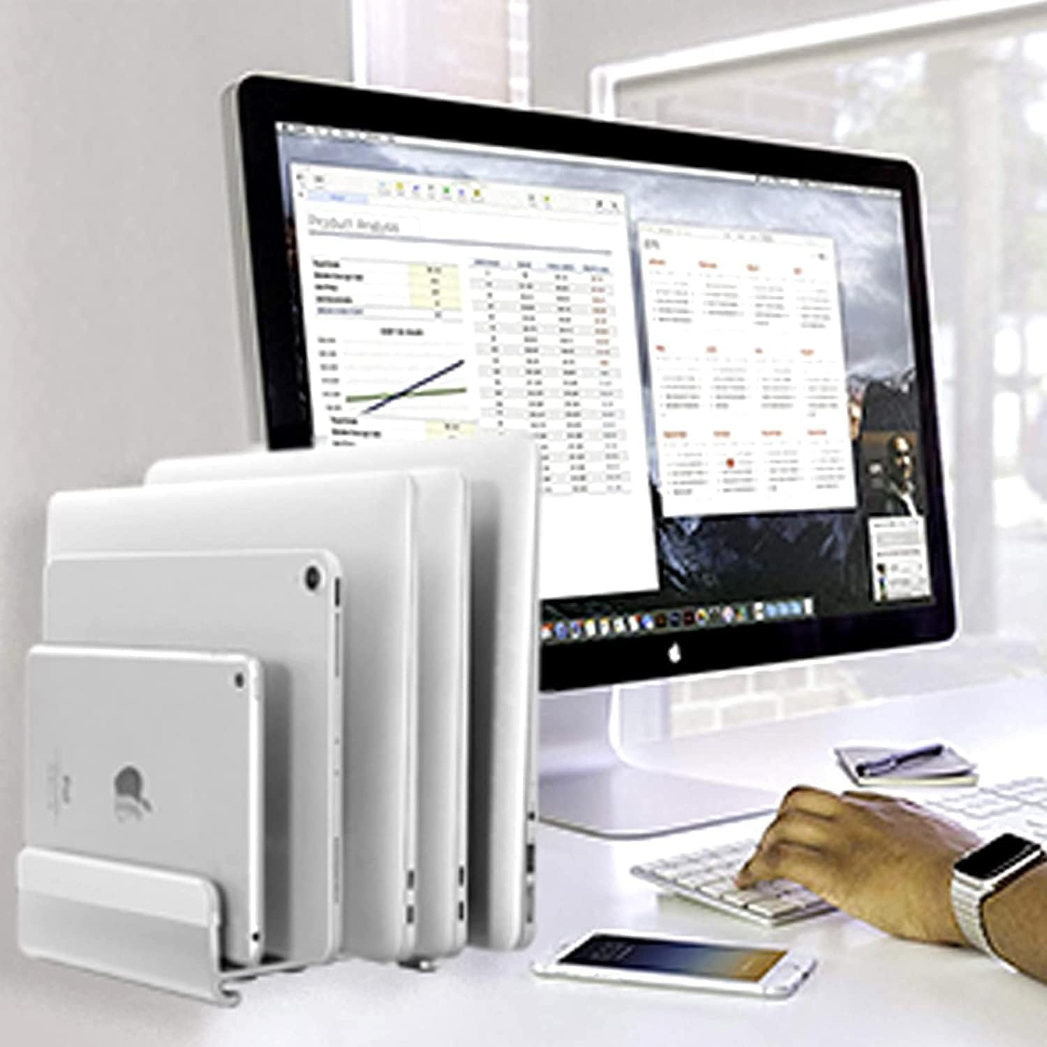 Multiple Laptop Stand, Geecol Desktop Stand Holder up to 5 Devices with Adjustable Dock (Up to 6.7 Inch), Fits All Macbook/Surface/Samsung/Hp/Dell/Chrome Book Silver image number 1