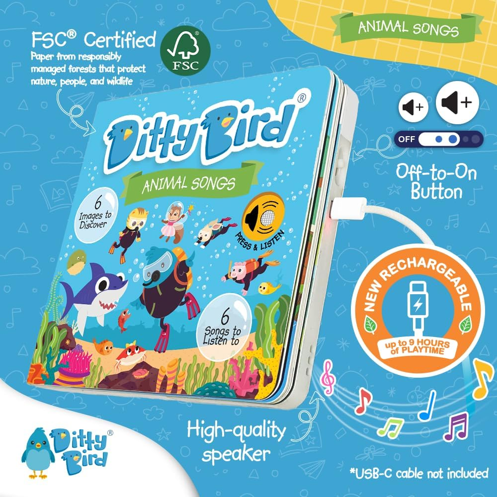Ditty Bird | Animal Songs Book for Toddlers | USB-C Rechargeable Interactive Sound Books with Baby Shark & More | Musical Toy for 1-3 Year Olds | Sturdy Sensory Gift for Baby image number 4