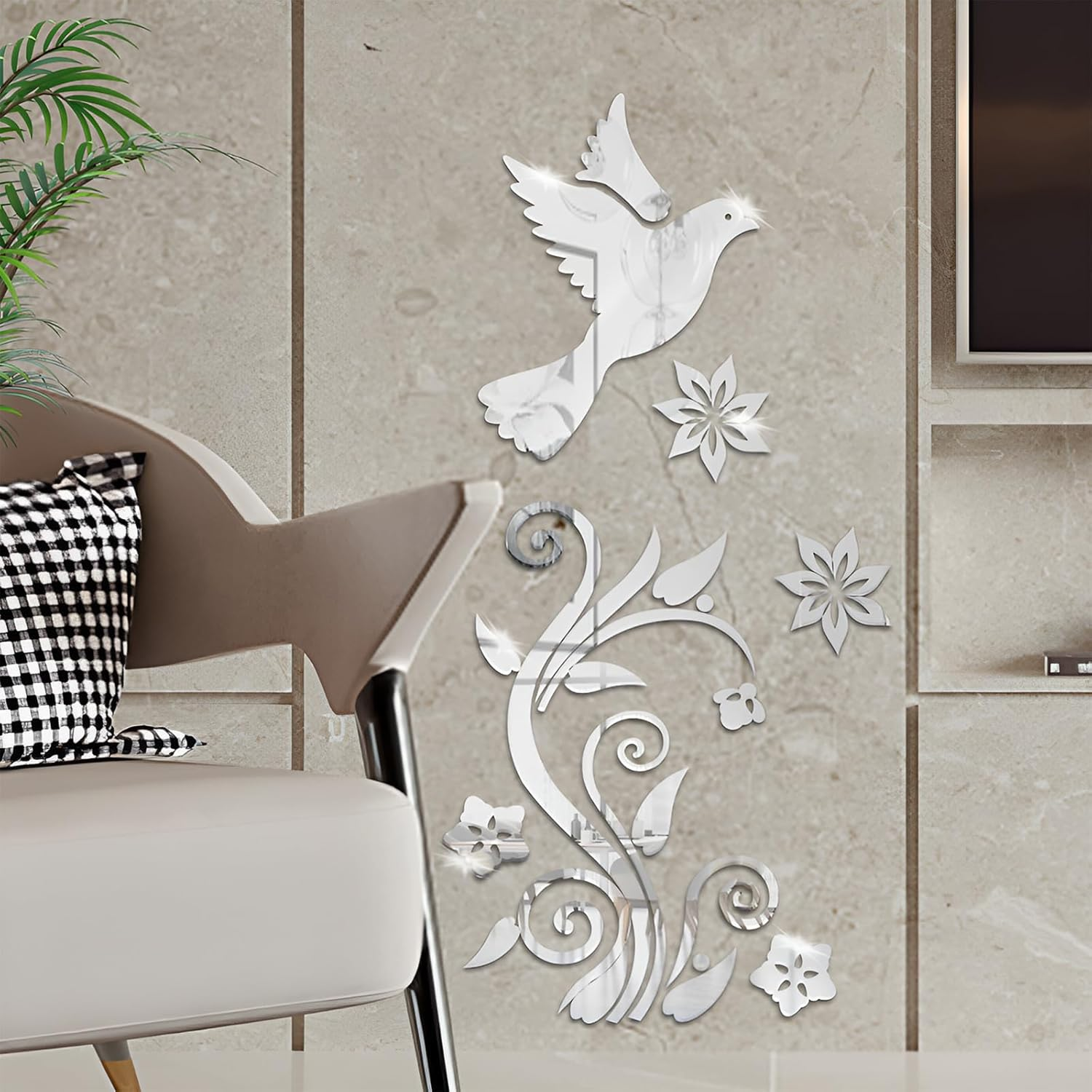 WUMUZAI Pigeon Flower 3D Acrylic Mirror Wall Stickers, Flying Bird Mirror Wall Decals Peel and Stick, Self Adhesive Wall Art Modern Home Decor for Living Room Sofa Backdrop Decoration (Silver) image number 6