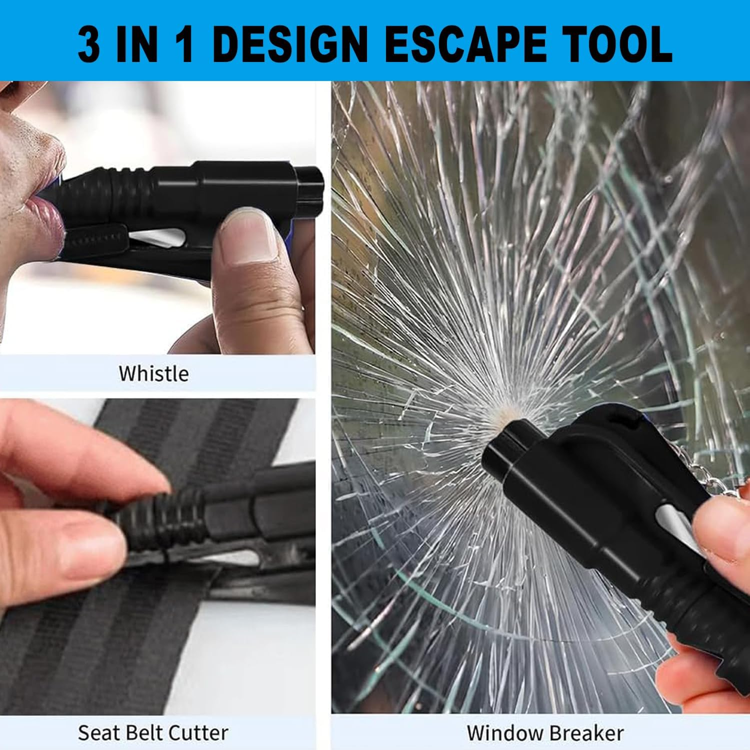 BEANPRECOY 4-Pack 3-In-1 Car Window Breaker Seatbelt Cutter Keychain, Emergency Window Glass Breaker Tool for Car, Family Safety, Road Trips & Daily Commute Black image number 2