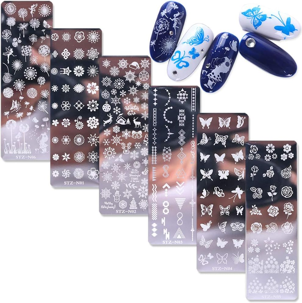 WOKOTO 6Pcs Nail Polish Stamping Plates Kit Flower Butterfly Rose Snowflake Image Templates Stamping Plates for Christmas Manicure DIY Tools image number 2