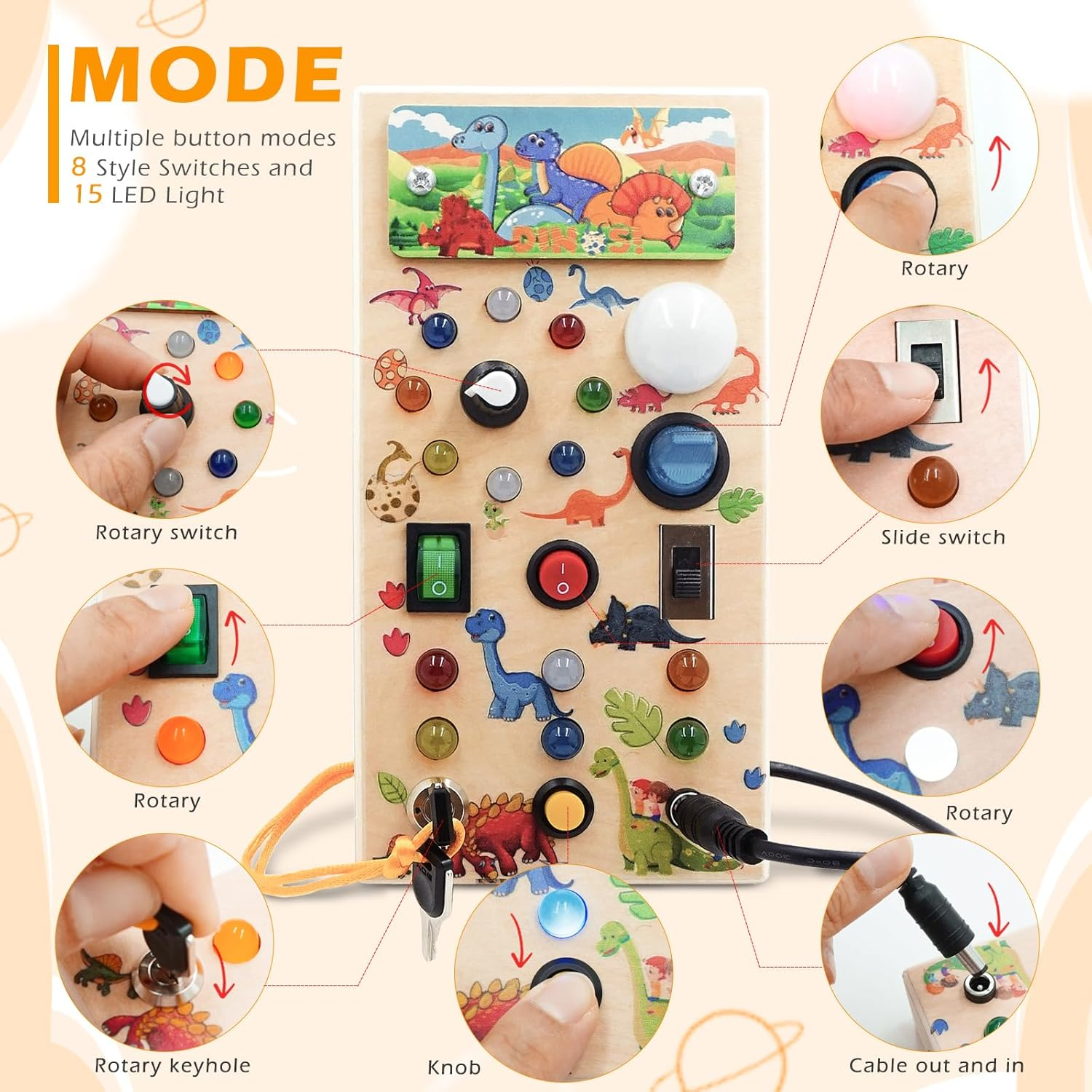 Montessori Toddler Busy Board, Led Dinosaur Wooden Sensory Board Educational Toys Wiht Switch Light Designs, Early Fine Activity Motor Skills Travel Toys for Toddlers Boys and Girls image number 3