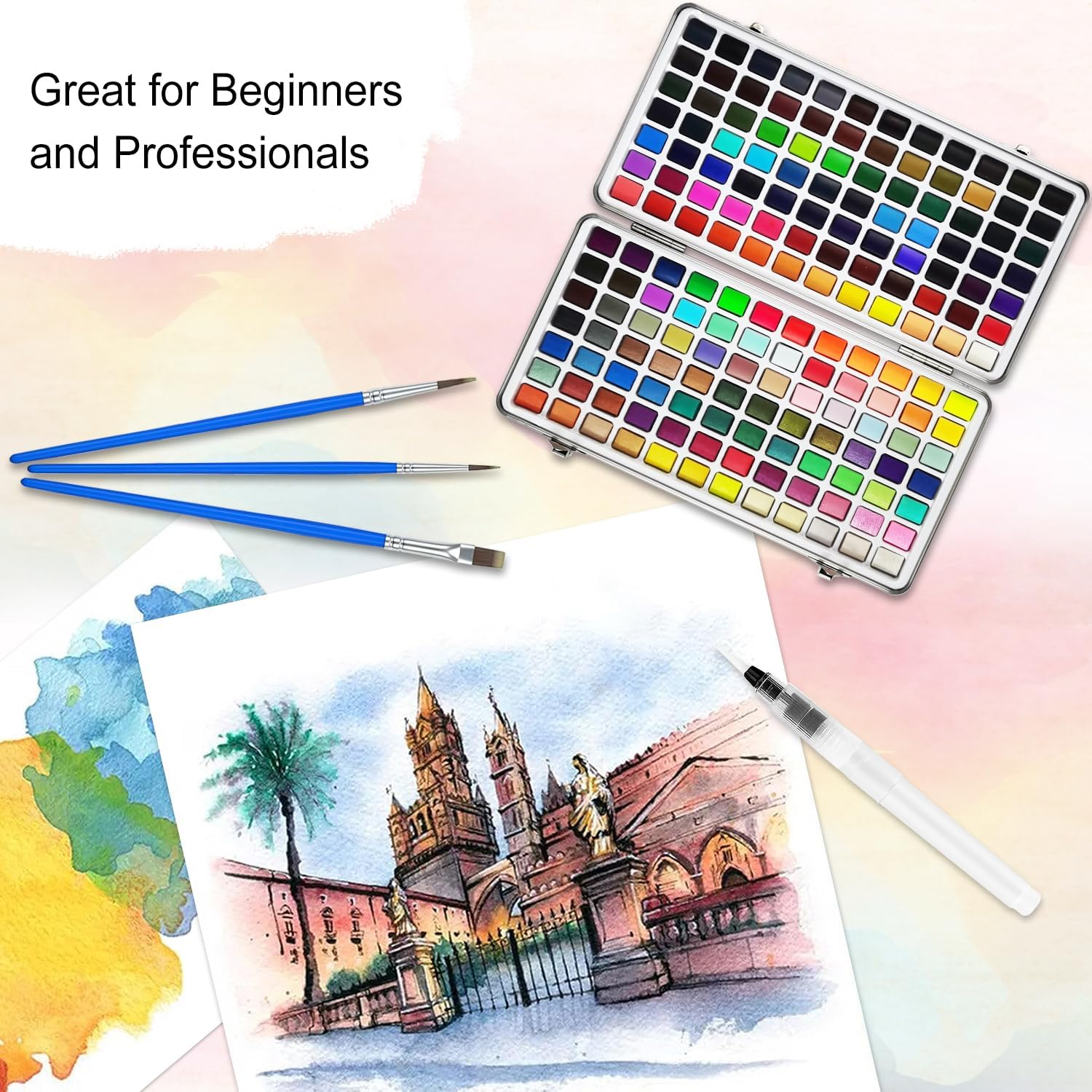 Watercolour Paint Set, 168 High Pigment Watercolor Paint Palettes with with Metallic, Fluorescen,Macaron Colors Brush Pen, for Artists, Amateur Hobbyists and Painting Lovers, Painting Art Supplies for Adults image number 1