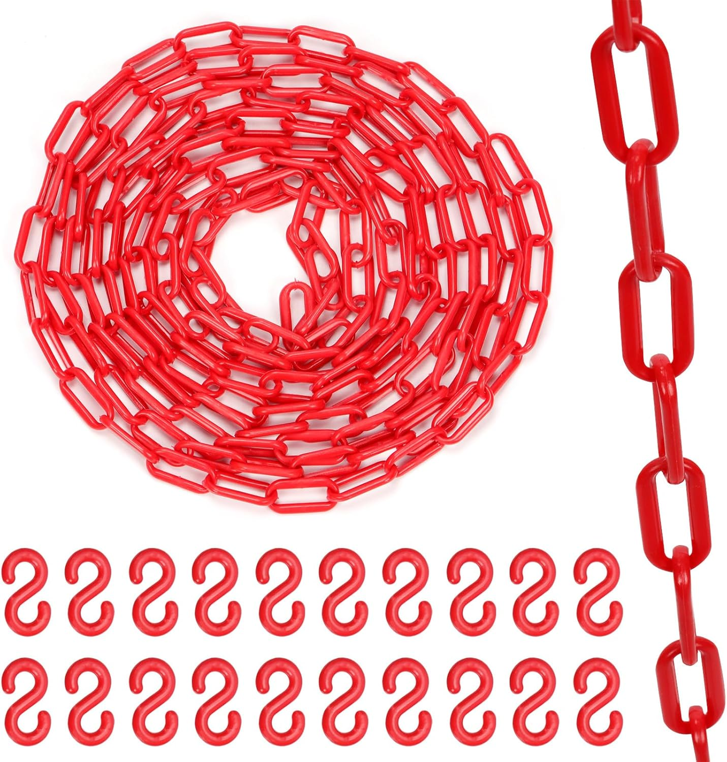 Swpeet 21Pcs 5M X 6Mm Plastic Barrier Chain Red White Plastic Safety Chain Plastic Chain Links with S- Hooks Plastic Chain Barrier Safety Barrier Chain for Fence, Parking, Crowd Control, Queue Line