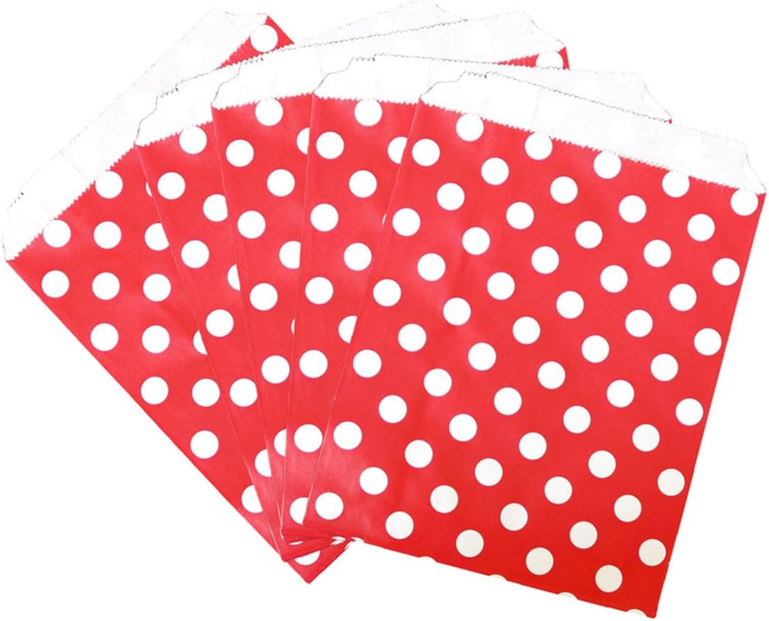 AIMALL 100Pcs Colorful Dot Paper Bags, 5.1 X 7In Party, Wedding, Dessert Packaging Bags, Food, Cookie, Small Gift Bags in Red, Rose Red, Yellow & Light Blue