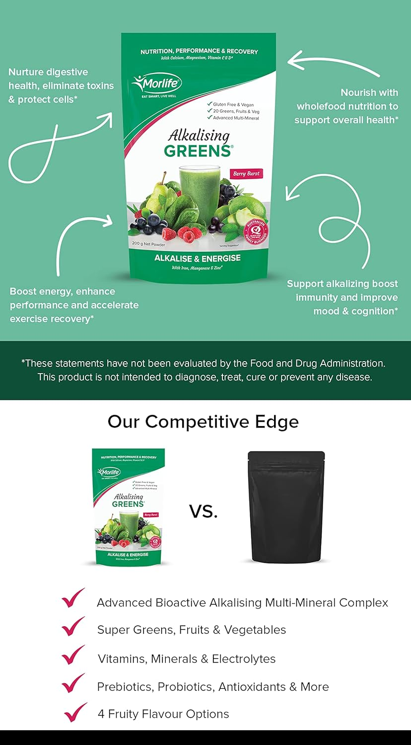 Morlife Alkalising Greens Powder Supplement, Berry Burst, 20 Super Greens, Fruits and Vegetables, Pre & Probiotics, Key Alkalizing Minerals, Vegetarian Superfood Formula, 7 Oz, 20 Servings image number 3