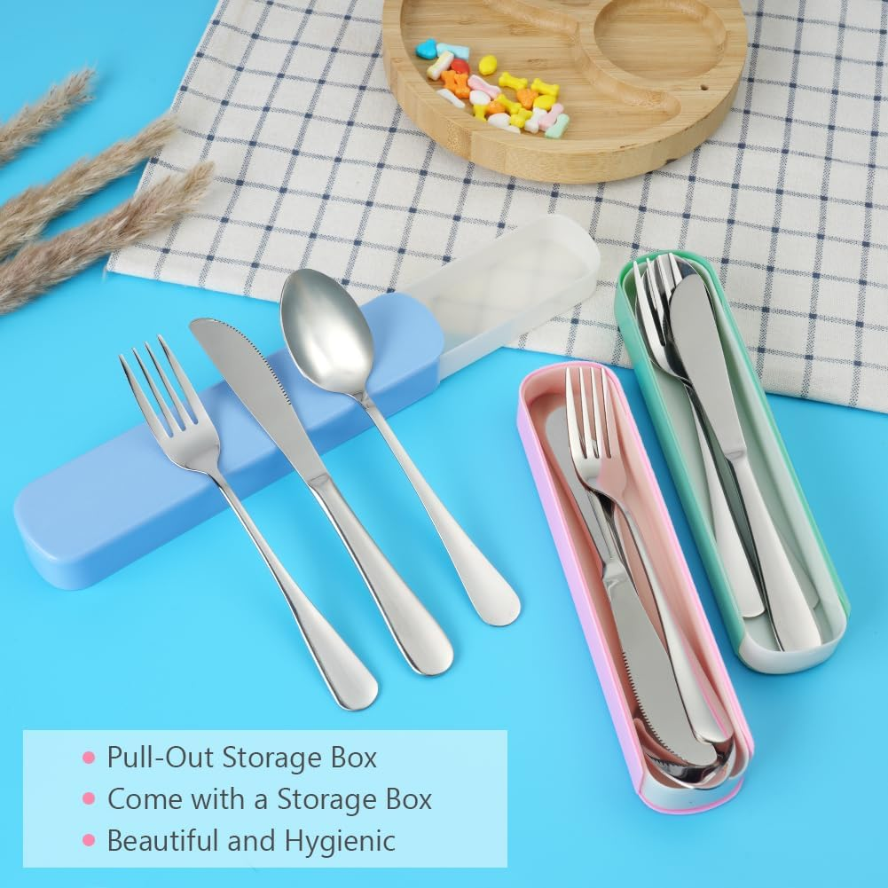 HOTUT Camping Cutlery Set, 3 Pieces Reusable Utensils Set, Portable Stainless Steel Cutlery with Plastic Box, Portable Kitchenware for Outdoor Travel Picnic Office School Lunch Box - Pink image number 3