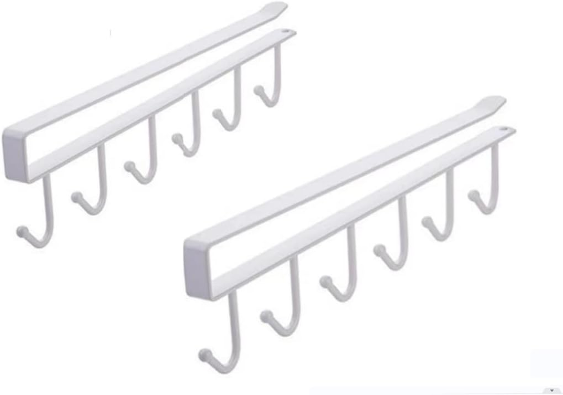 2Pcs Multi-Hooks under the Cabinet 6-Hook Hanging Hook Rack Kitchen Utensil Cupboard Hanger Chest Organizer Cup Holder for Coffee Bar, Fit for 0.8 Inch Thickness Shelf or Less, Nail Free (Black)
