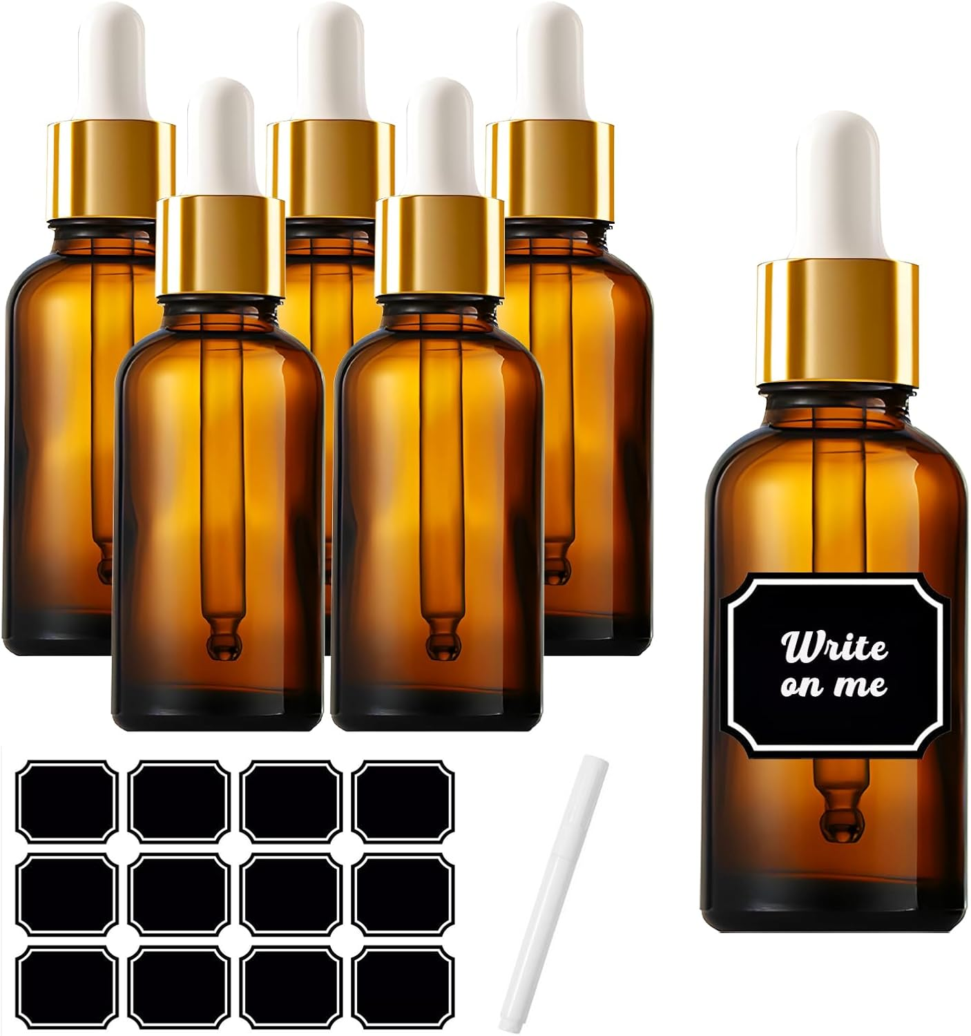 Fayrvind 6 Pack 30Ml Amber Glass Dropper Bottles, Small Travel Bottle with Pipette, Mini Boston Refill Cosmetic for Essential Oil, Liquid, Lab Dispenser, Serum, Aromatherapy, with 12 Labels and Pen image number 1