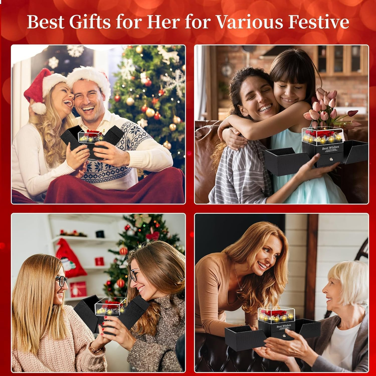 Preserved Red Real Rose with Heart I Love You Necklace & Earrings, Eternal Flower Rose Birthday Gifts for Women Her Mom Wife Girlfriend Grandma on Valentines Mothers Day Christmas Anniversary Romantic - Red Without Light image number 2