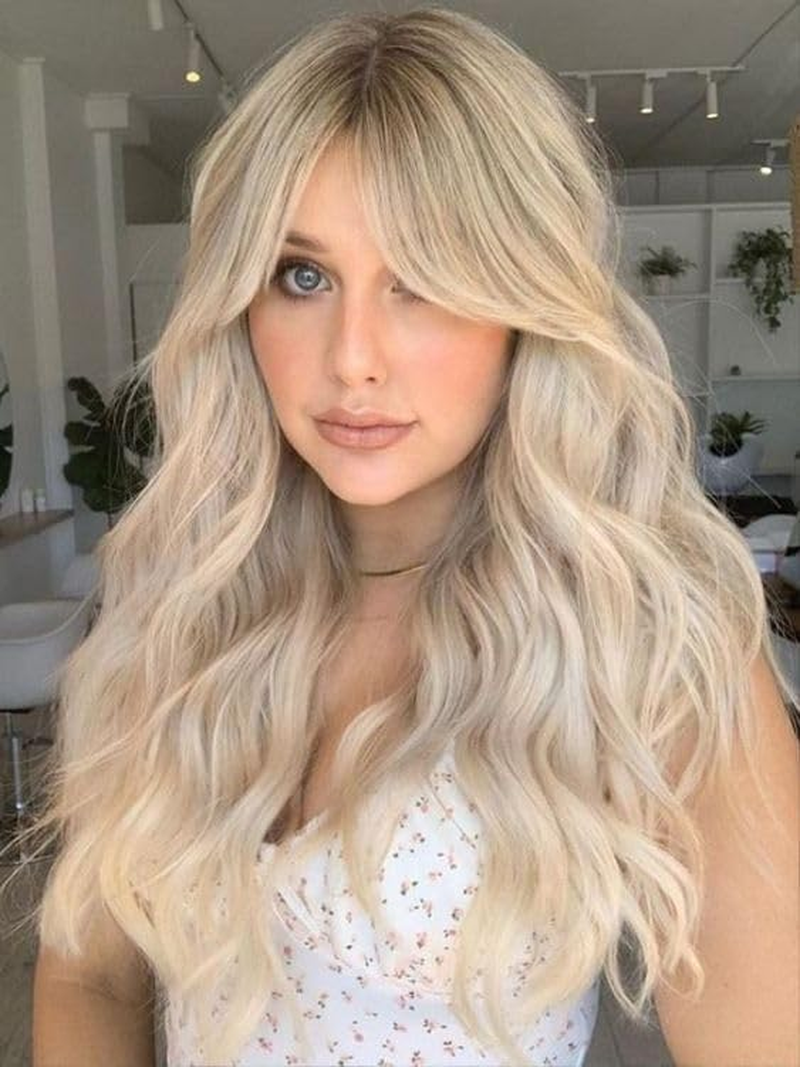 KIELO Long Wavy Synthetic Wig, Light Blonde, 66 Cm, Heat Resistant, Middle Part - Black image number 5