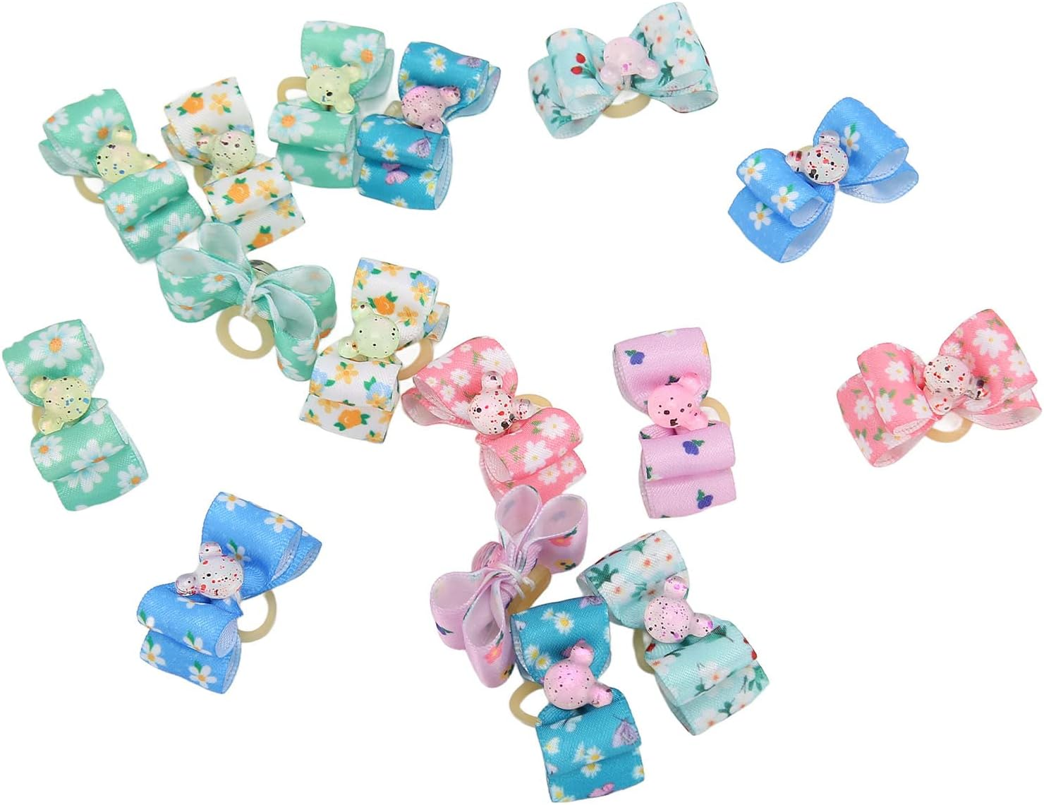 JOROBURO 16 Pcs Dog Hair Bows, Floral Pattern Multicolor 2 Layer Butterfly Bow, Pet Hair Bowknot Pet Grooming Hair Accessories with Rubber Bands for Dog Puppy Cat image number 6