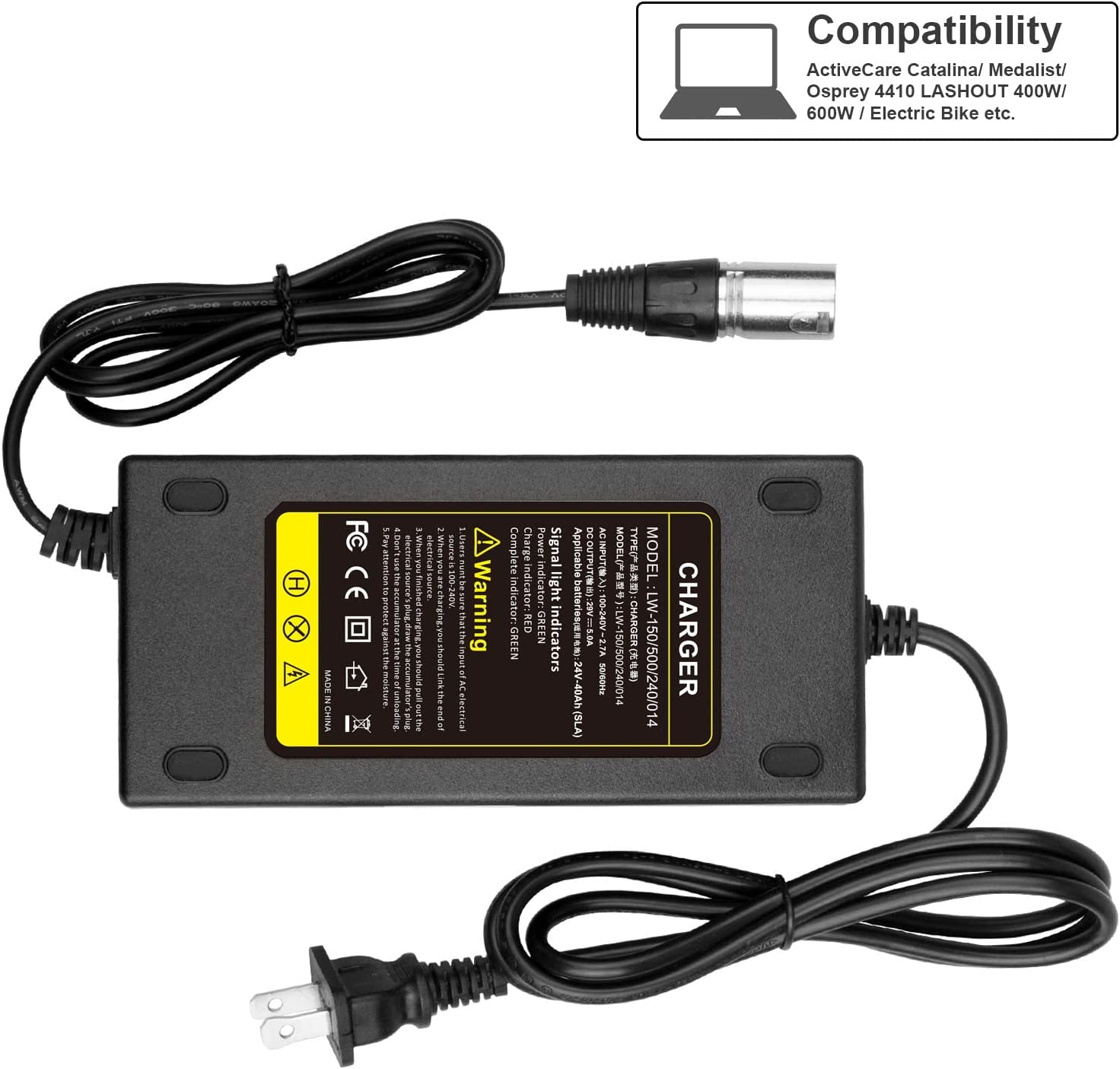 24V 5A 3-Pin Male XLR Connector Battery Charger for Lakematic, Pride Mobility, Jazzy Power Chair, Drive Medical, Golden Technologies, Shoprider, Rascal 200T/500T/301 PC 24BC5000TF-1 image number 3