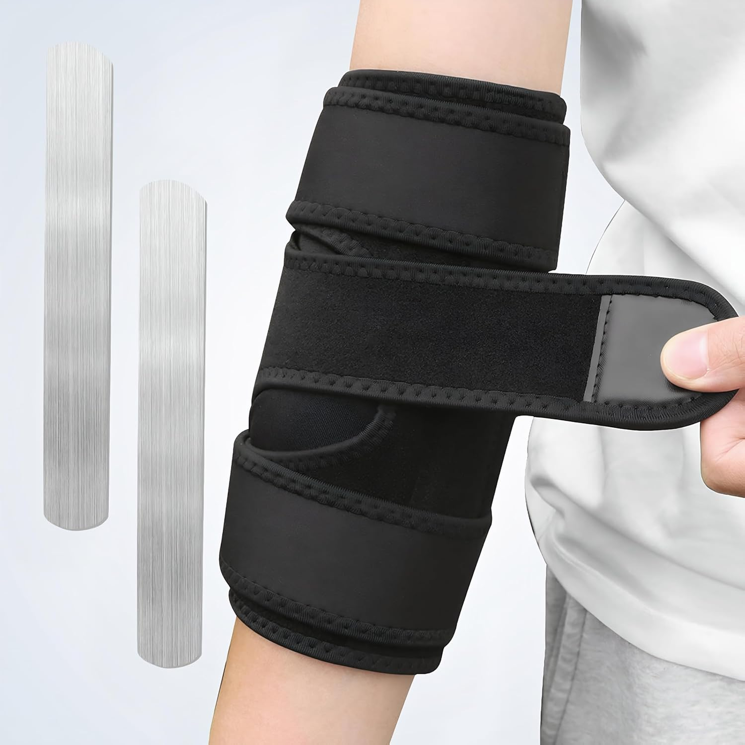 Elbow Brace with Splints, Adjustable Tennis Elbow Support Compression Sleeve Strap (Black) image number 5