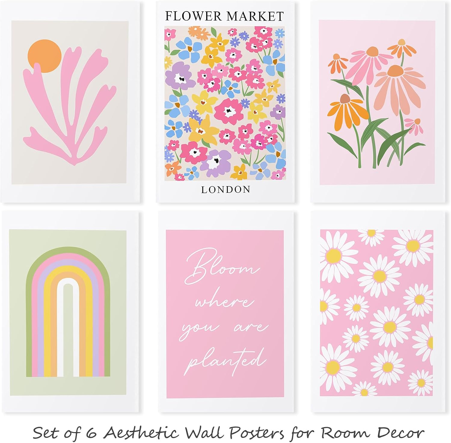 ZIENVE Pink Danish Pastel Poster Set &ndash; 6 Aesthetic Botanical & Flower Market Wall Art Prints for Girls&rsquo; Dorm & Bedroom Decor &ndash; Unframed 20X25Cm image number 1