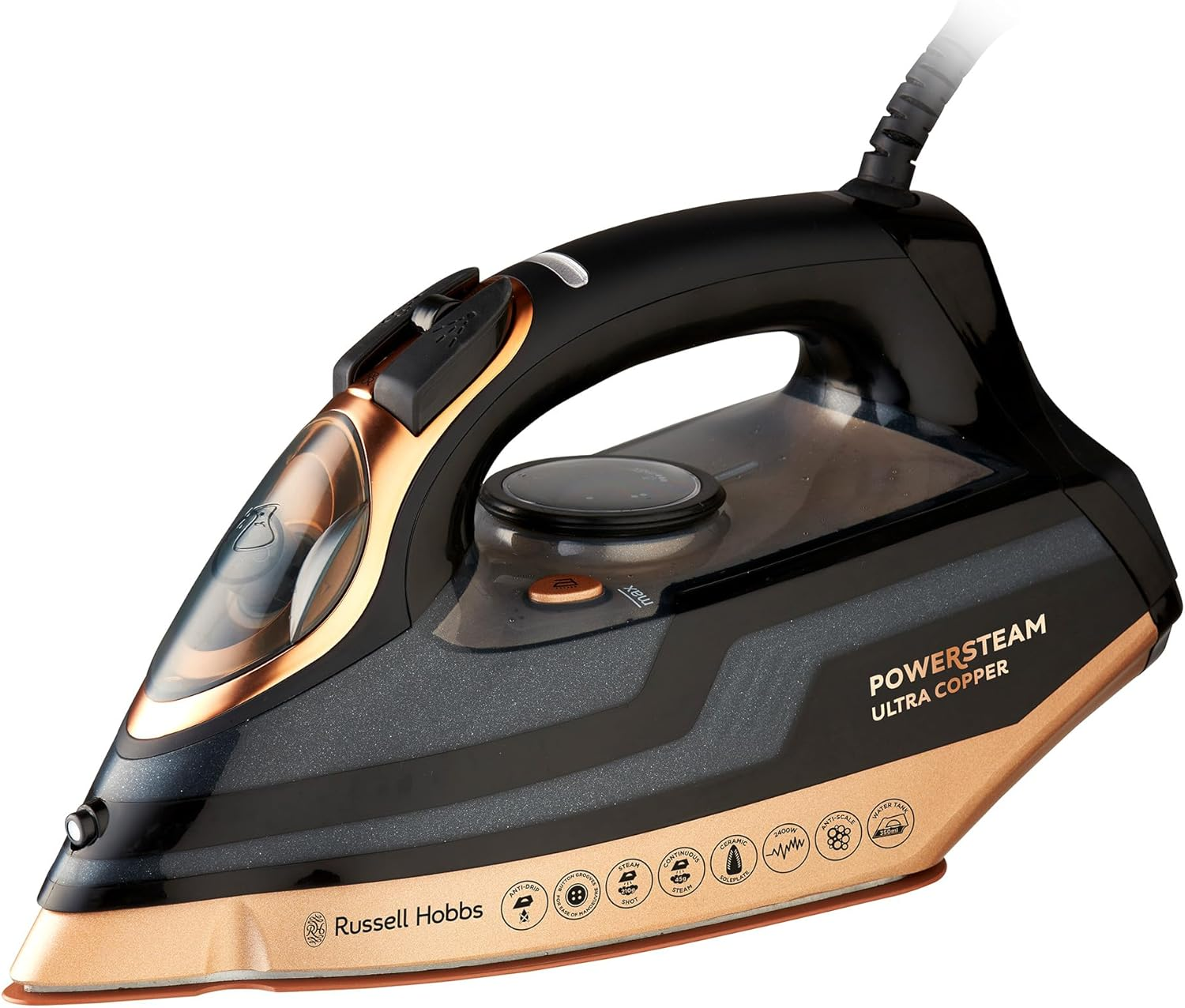 Russell Hobbs Powersteam Ultra Copper Iron, RHC560, 350Ml Water Tank, Vertical Steam Function, Non-Stick, Black and Copper
