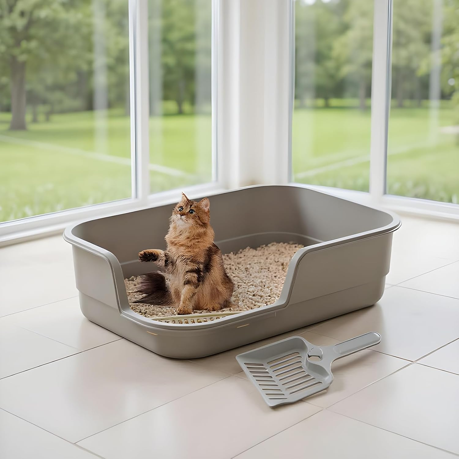 Cat Litter Box | Anti-Splash High Sides,Easy Clean Litter Box for Multi-Cats | for Cleaning Odor Control Indoor Office Dorm Apartment Household Hotel Farmhouse Living Room Balcony - White image number 4