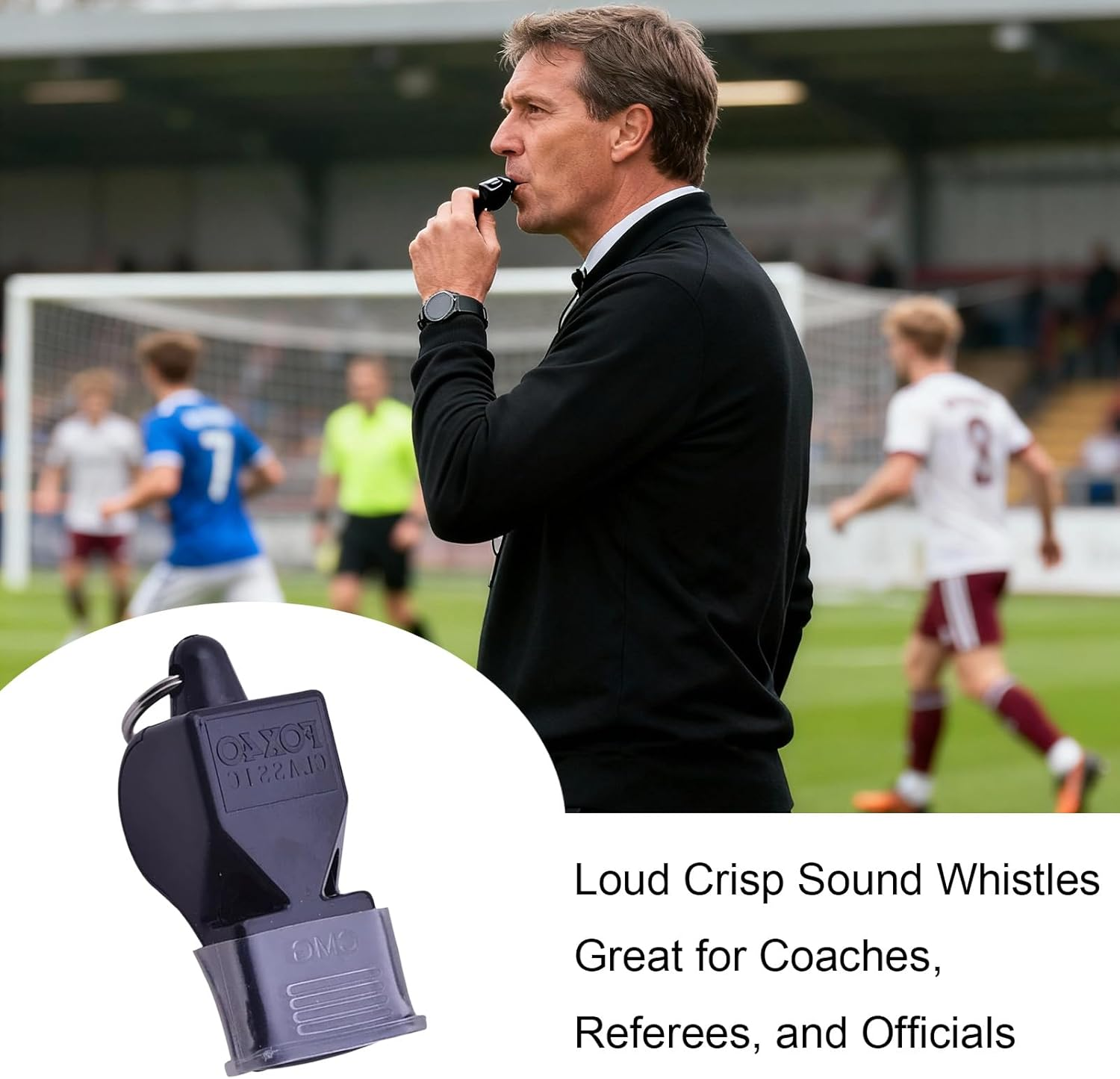 4Pcs Soccer Referee Whistle, Non-Nuclear Coach Whistle, Sports Whistle Coach Special, Fox Whistle Special Silicone Teeth Guard (Black) image number 2