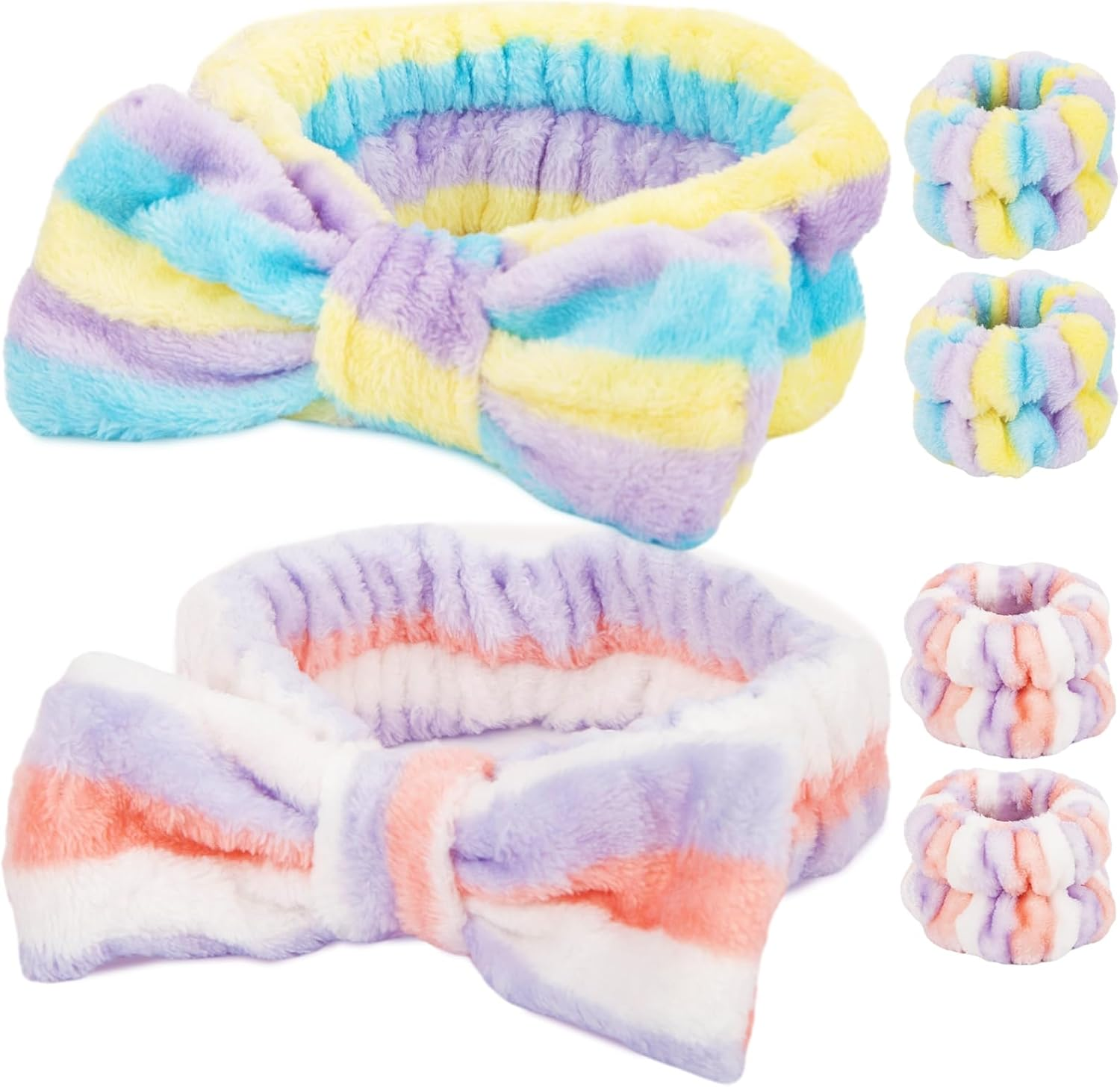 Shindel 6PCS Face Wash Headband Set, Makeup Wash Headbands with Wristbands Coral Fleece Bow Hair Bands for Women Spa Skin Care Yoga image number 2