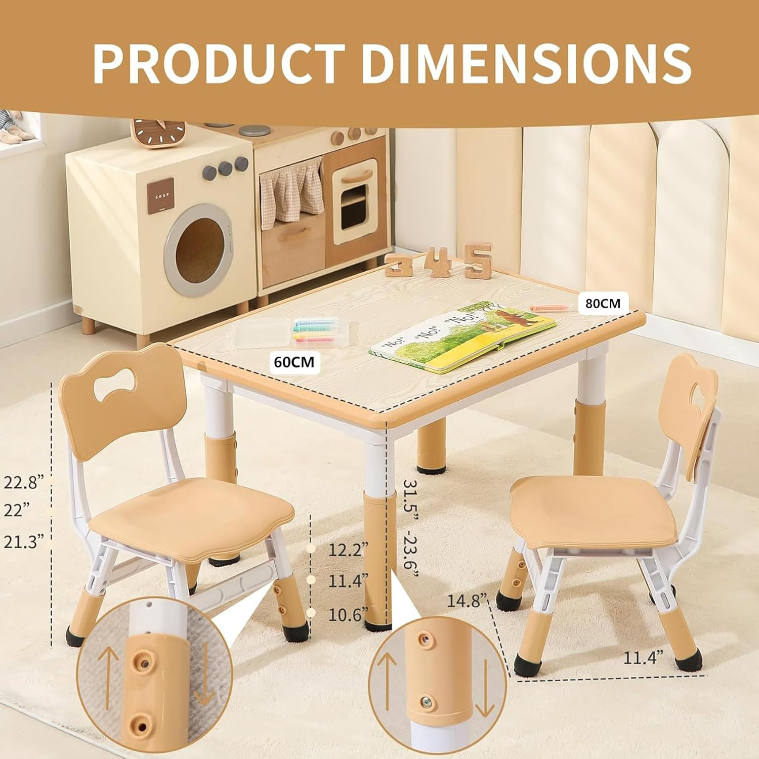 Kids Table and 2 Chairs Set, Height-Adjustable Toddler and Desk and Chair, Children Activity Graffiti Desktop for Classroom Daycare Home, 3-Piece Set Yellow Beige image number 2